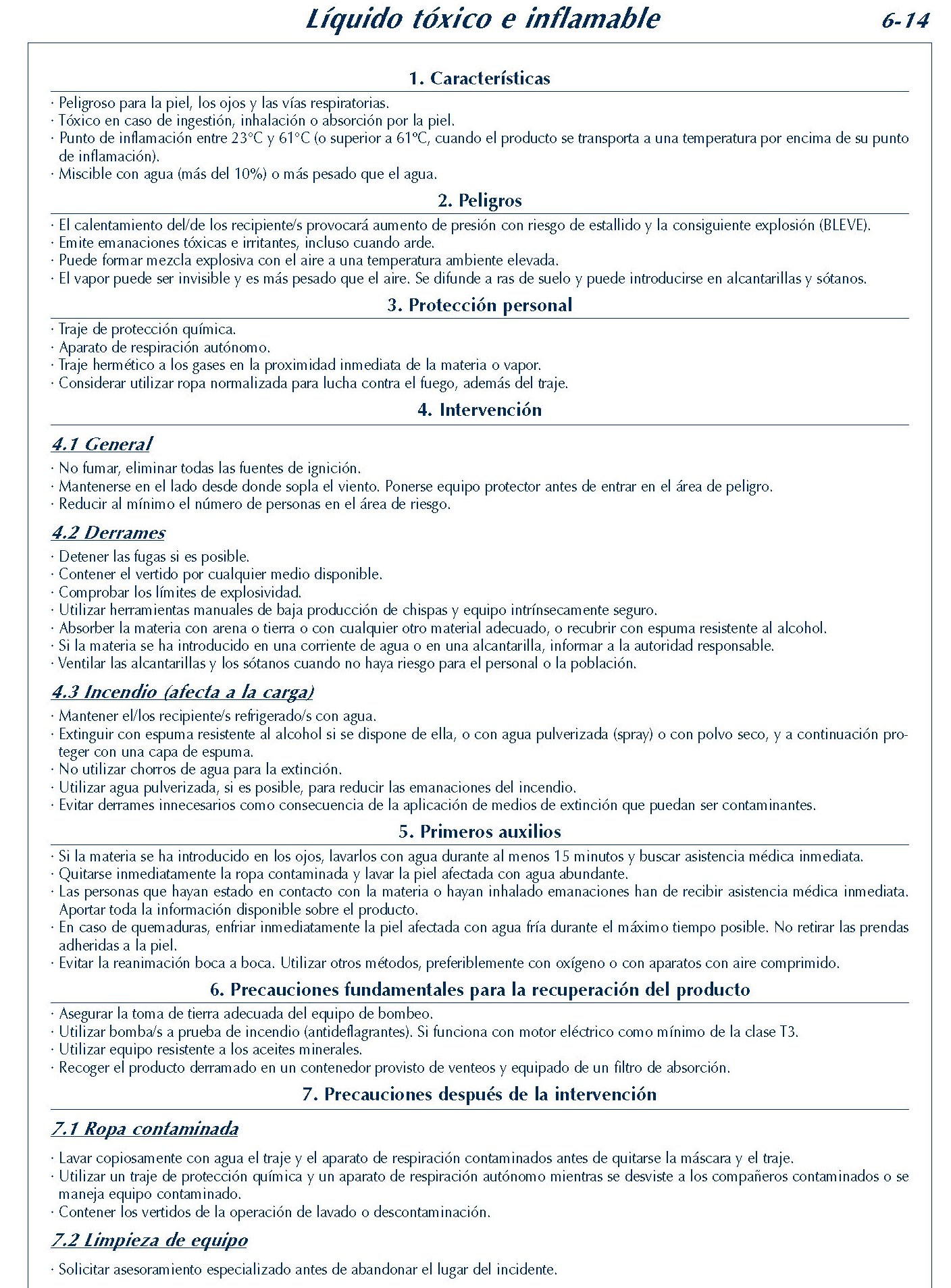 MERCANCIAS PELIGROSAS 251 FICHA 6-14 LIQUIDO TOXICO INFLAMABKE FICHAS EMERGENCIA 2004