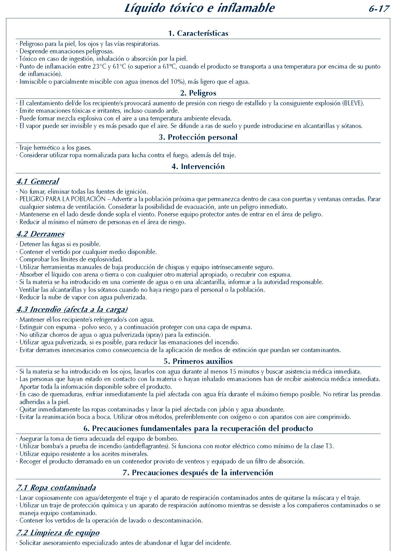 MERCANCIAS PELIGROSAS 254 FICHA 6-17 LIQUIDO TOXICO INFLAMABKE FICHAS EMERGENCIA 2004