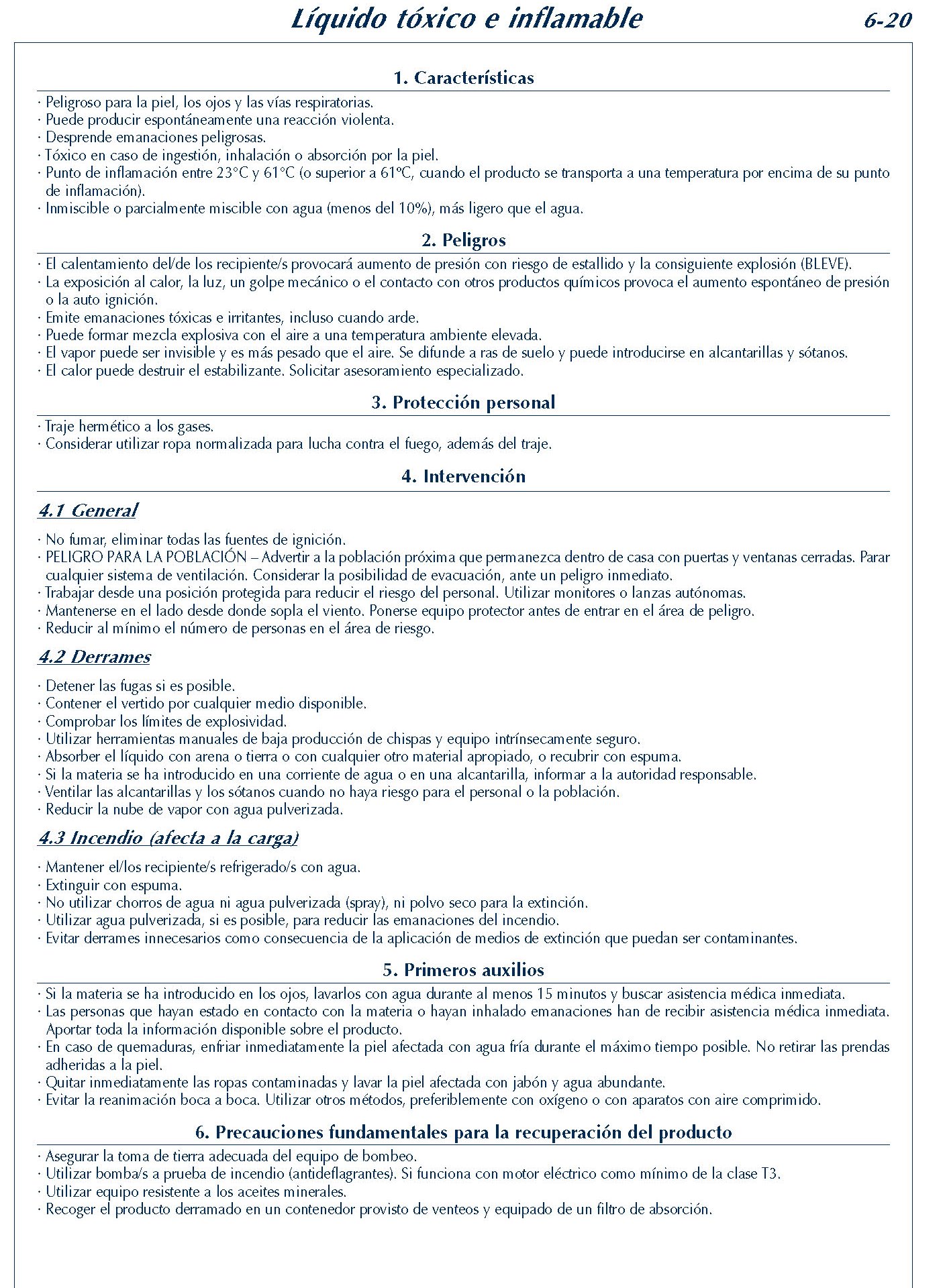 MERCANCIAS PELIGROSAS 256 FICHA 6-20 LIQUIDO TOXICO INFLAMABKE FICHAS EMERGENCIA 2004