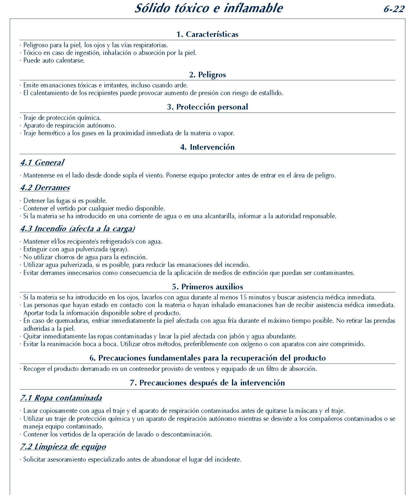 MERCANCIAS PELIGROSAS 259 FICHA 6-22 SOLIDO TOXICO INFLAMABKE FICHAS EMERGENCIA 2004