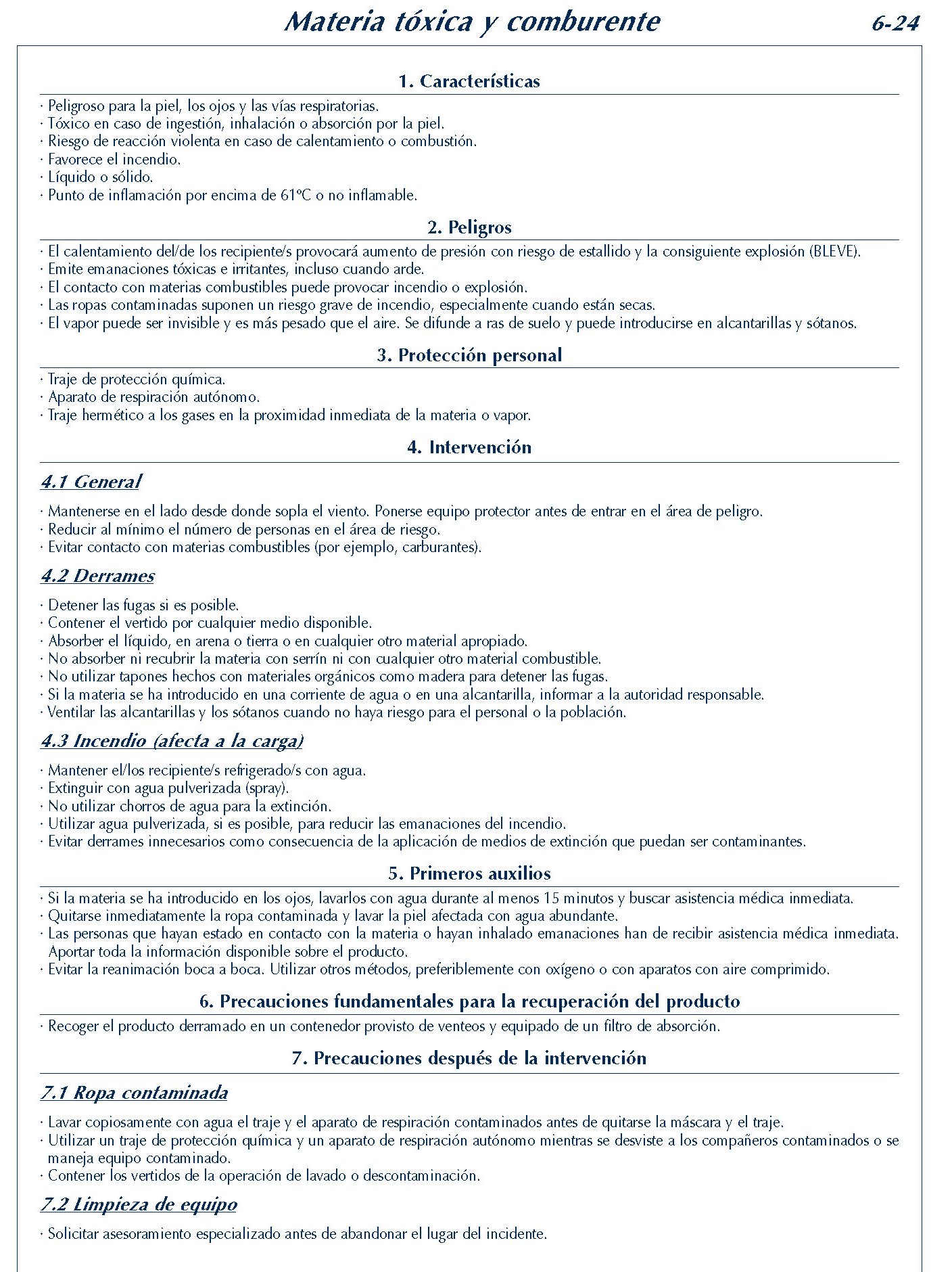 MERCANCIAS PELIGROSAS 261 FICHA 6-24 MATERIA TOXICA COMBURENTE FICHAS EMERGENCIA 2004