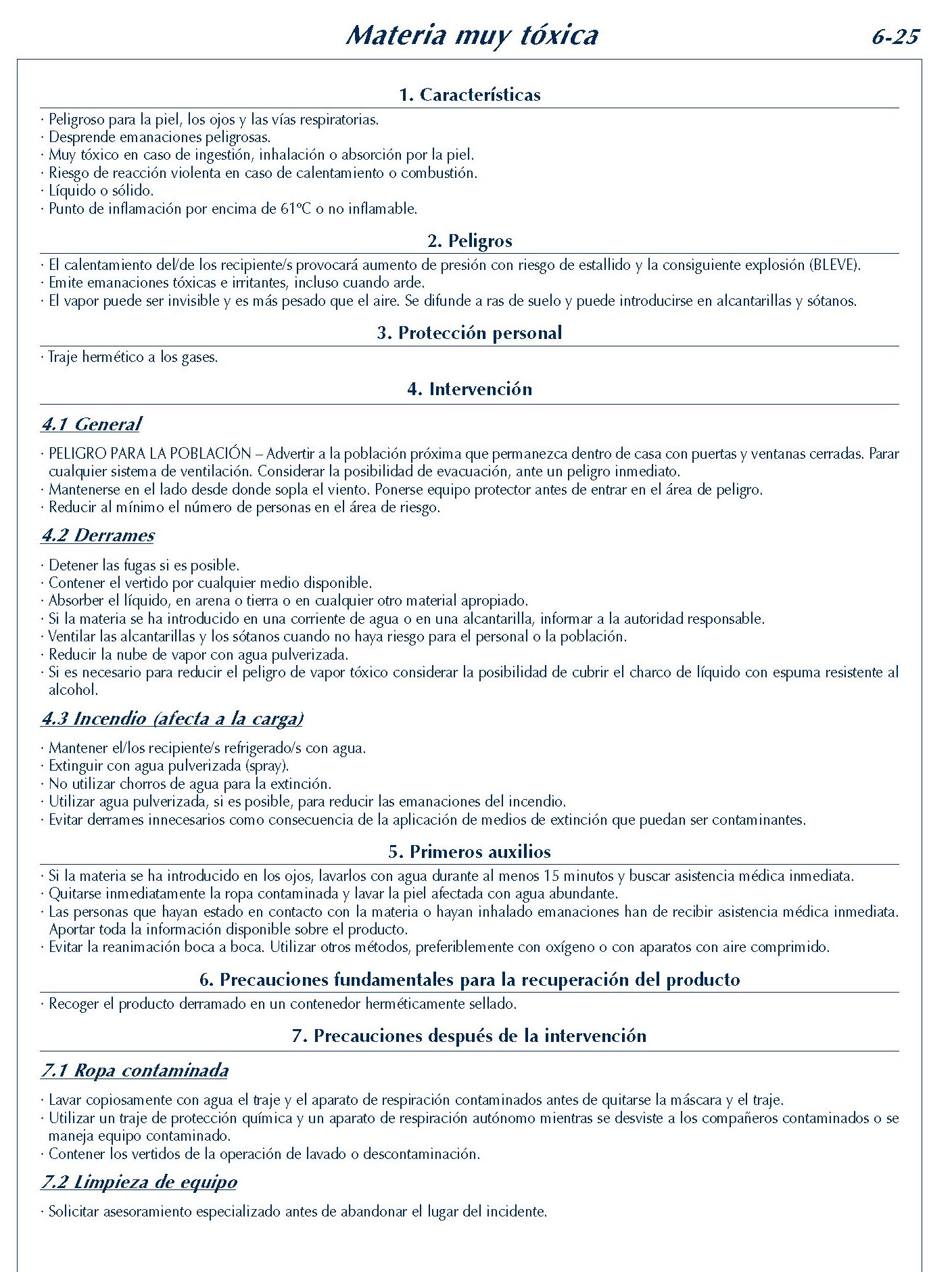 MERCANCIAS PELIGROSAS 262 FICHA 6-25 MATERIA MUY TOXICA FICHAS EMERGENCIA 2004