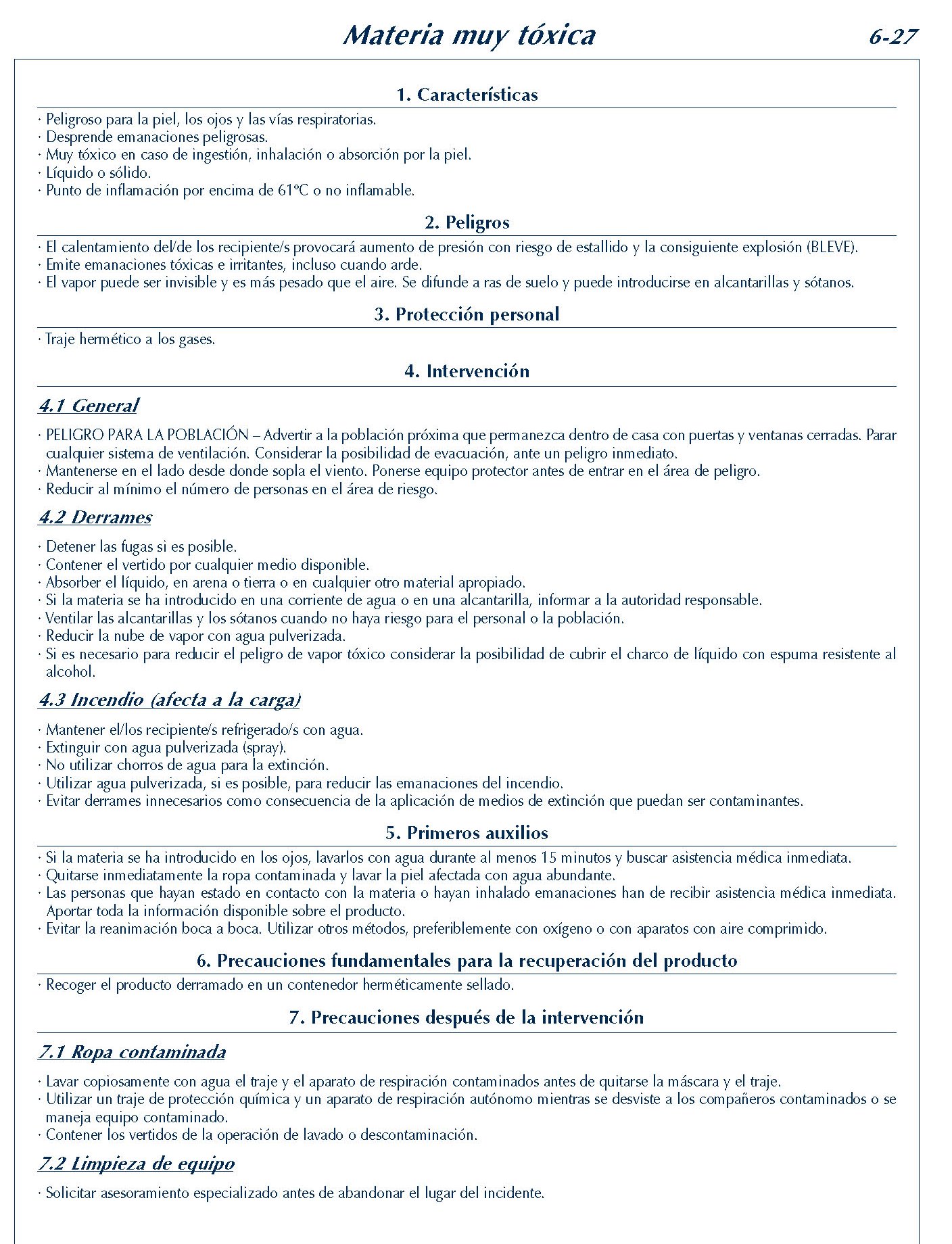 MERCANCIAS PELIGROSAS 264 FICHA 6-27 MATERIA MUY TOXICA FICHAS EMERGENCIA 2004