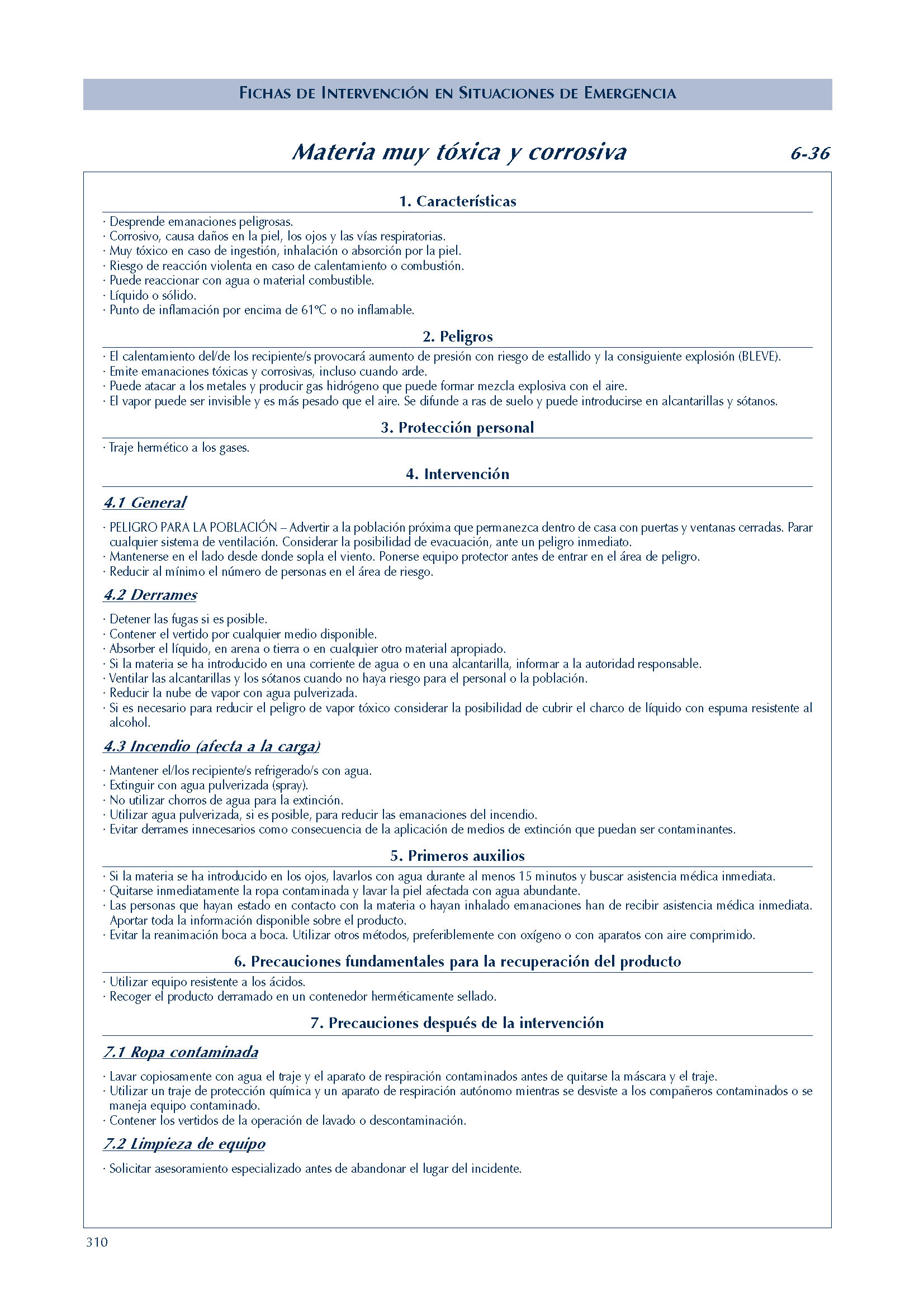 MERCANCIAS PELIGROSAS 274 FICHA 6-36 MATERIA MUY TOXICA CORROSIVA FICHAS EMERGENCIA 2004