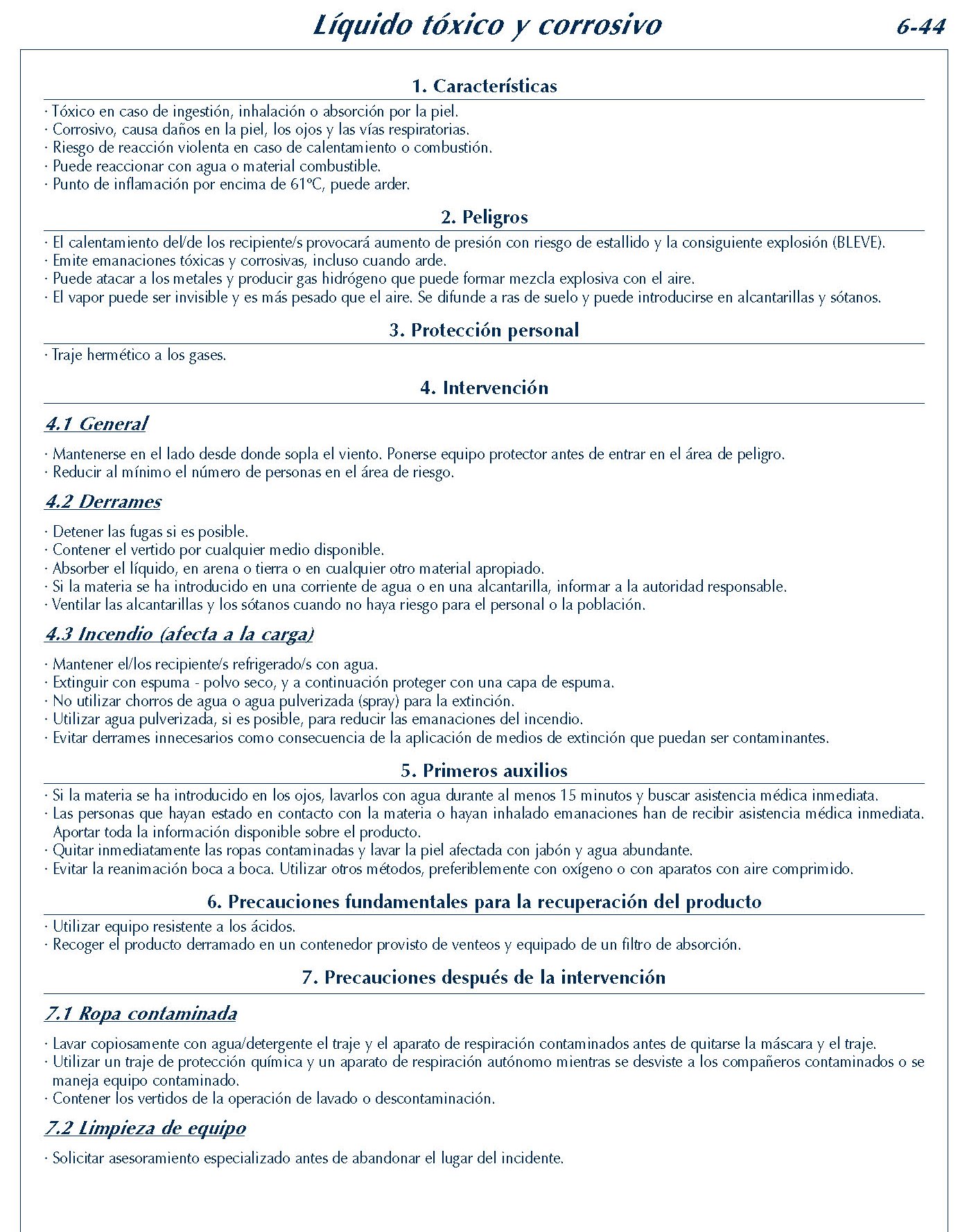 MERCANCIAS PELIGROSAS 282 FICHA 6-44 LIQUIDO TOXICO CORROSIVO FICHAS EMERGENCIA 2004