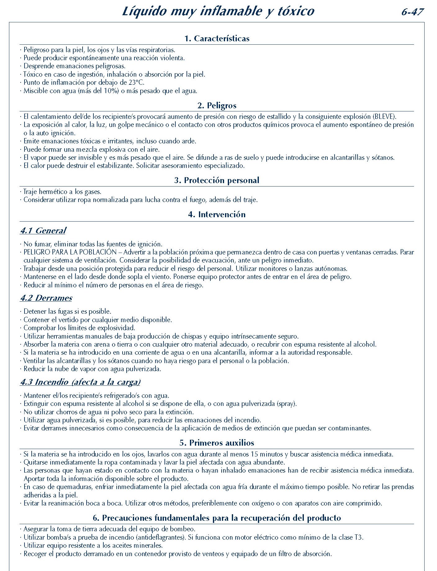 MERCANCIAS PELIGROSAS 286 FICHA 6-47 LIQUIDO MUY INFLAMABLE TOXICO FICHAS EMERGENCIA 2004