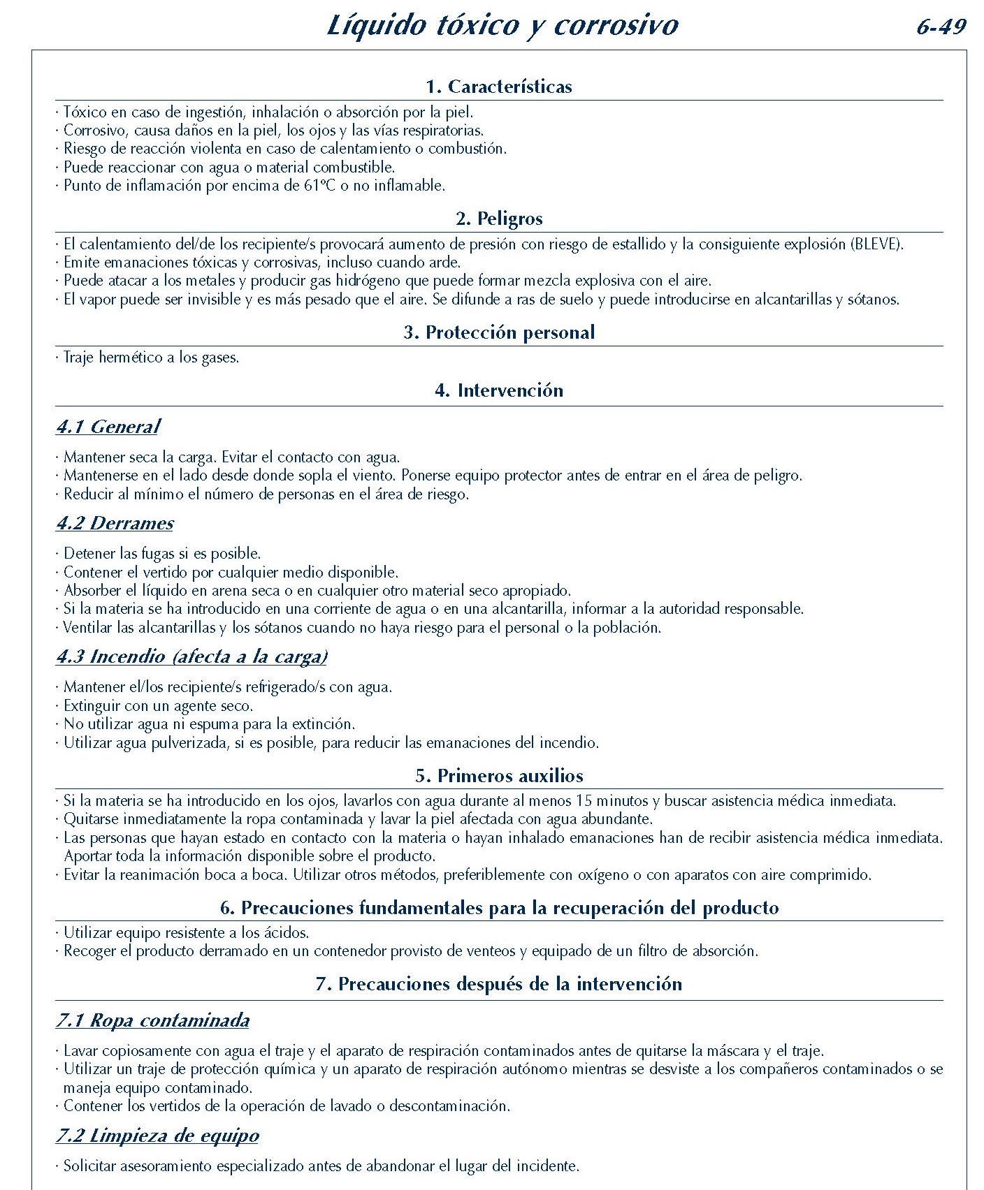 MERCANCIAS PELIGROSAS 289 FICHA 6-49 LIQUIDO TOXICO CORROSIVO FICHAS EMERGENCIA 2004