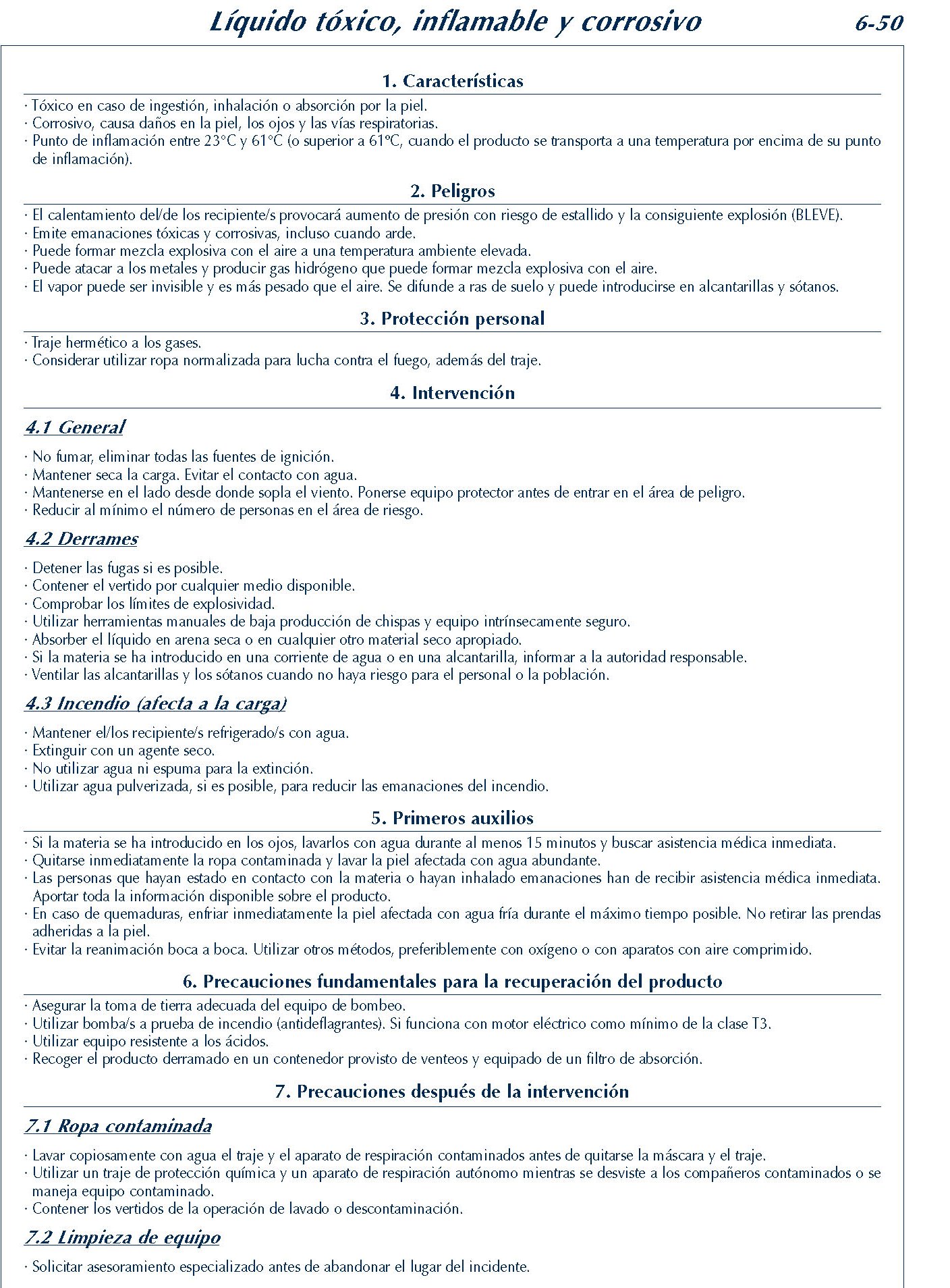 MERCANCIAS PELIGROSAS 290 FICHA 6-50 LIQUIDO TOXICO INFLAMABLE CORROSIVO FICHAS EMERGENCIA 2004