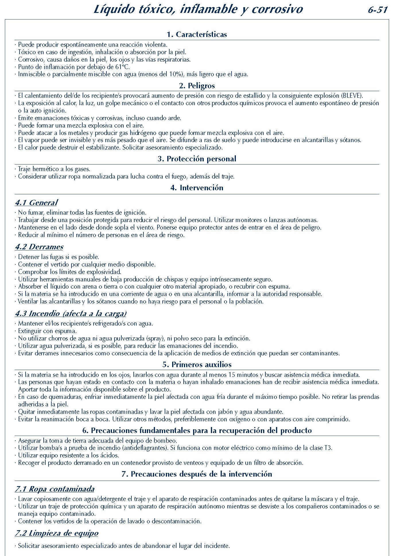 MERCANCIAS PELIGROSAS 291 FICHA 6-51 LIQUIDO TOXICO INFLAMABLE CORROSIVO FICHAS EMERGENCIA 2004