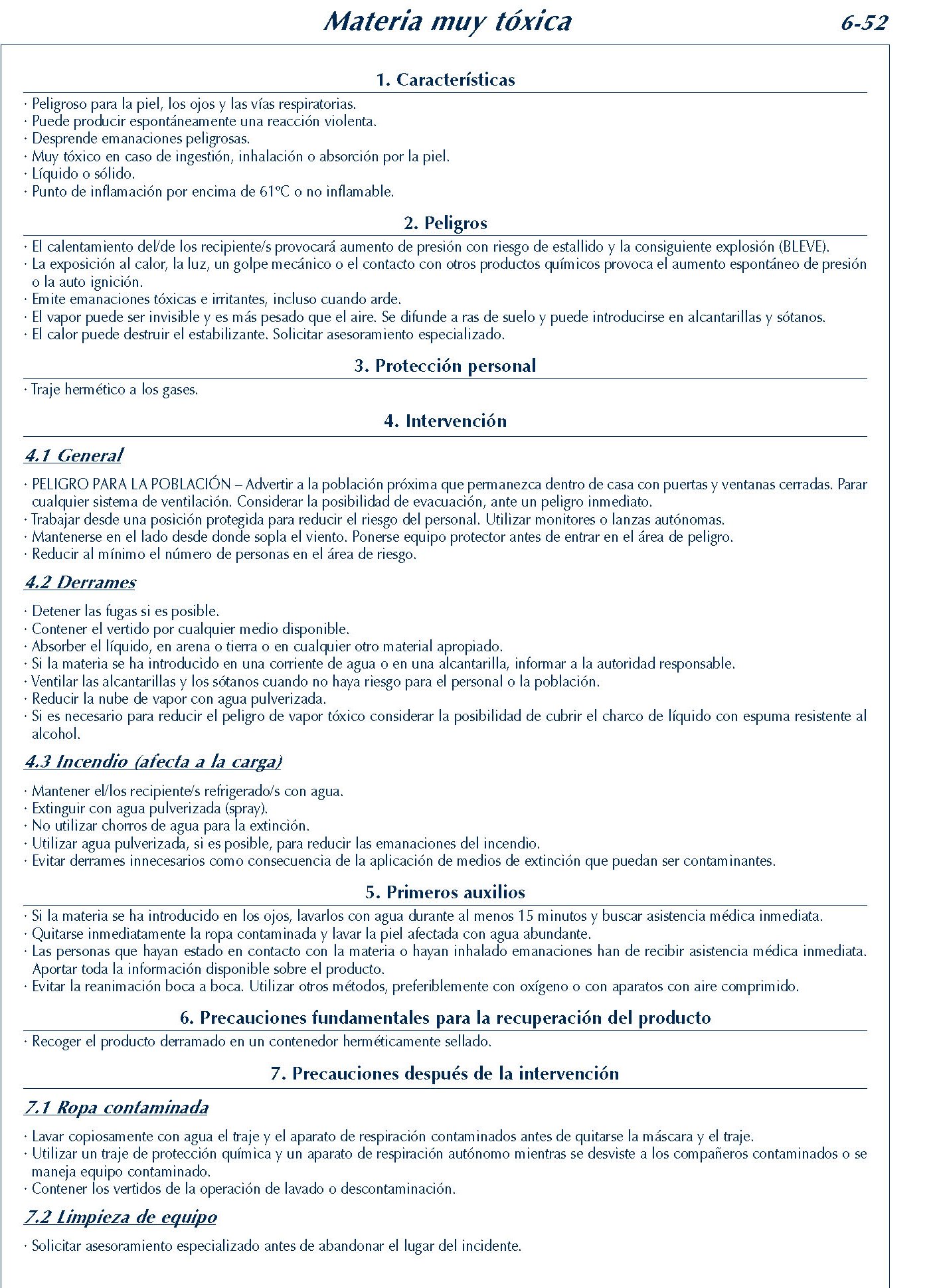 MERCANCIAS PELIGROSAS 292 FICHA 6-52 MATERIA MUY TOXICA FICHAS EMERGENCIA 2004