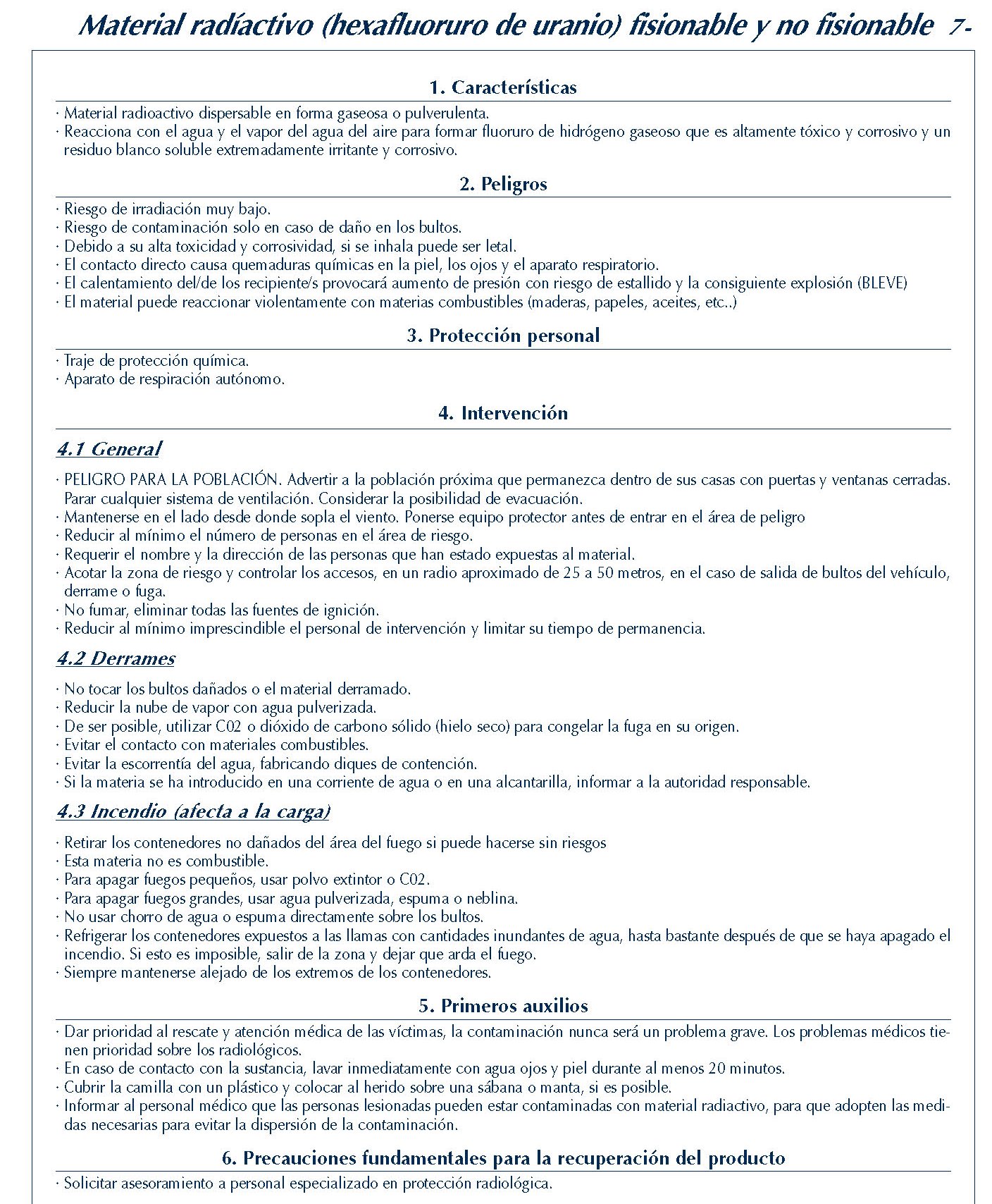 MERCANCIAS PELIGROSAS 297 FICHA 7-03 MATERIAL RADIACTIVO FISIONABLE FICHAS EMERGENCIA 2004