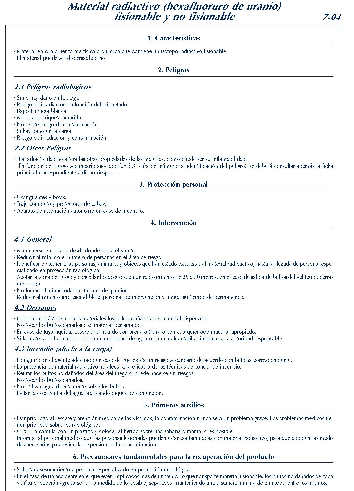 MERCANCIAS PELIGROSAS 298 FICHA 7-04 MATERIAL RADIACTIVO FISIONABLE FICHAS EMERGENCIA 2004