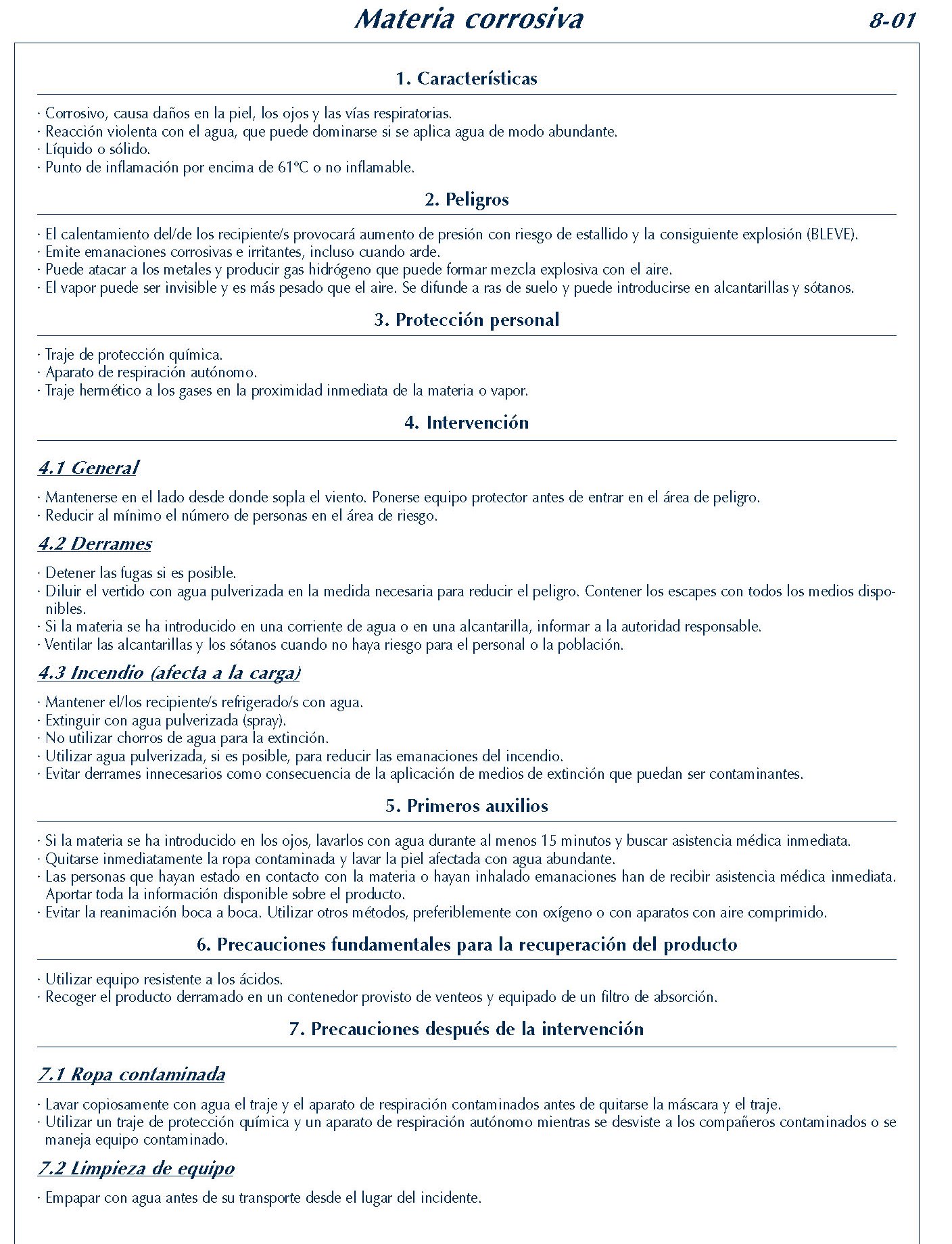 MERCANCIAS PELIGROSAS 300 FICHA 8-01 MATERIA CORROSIVA FICHAS EMERGENCIA 2004