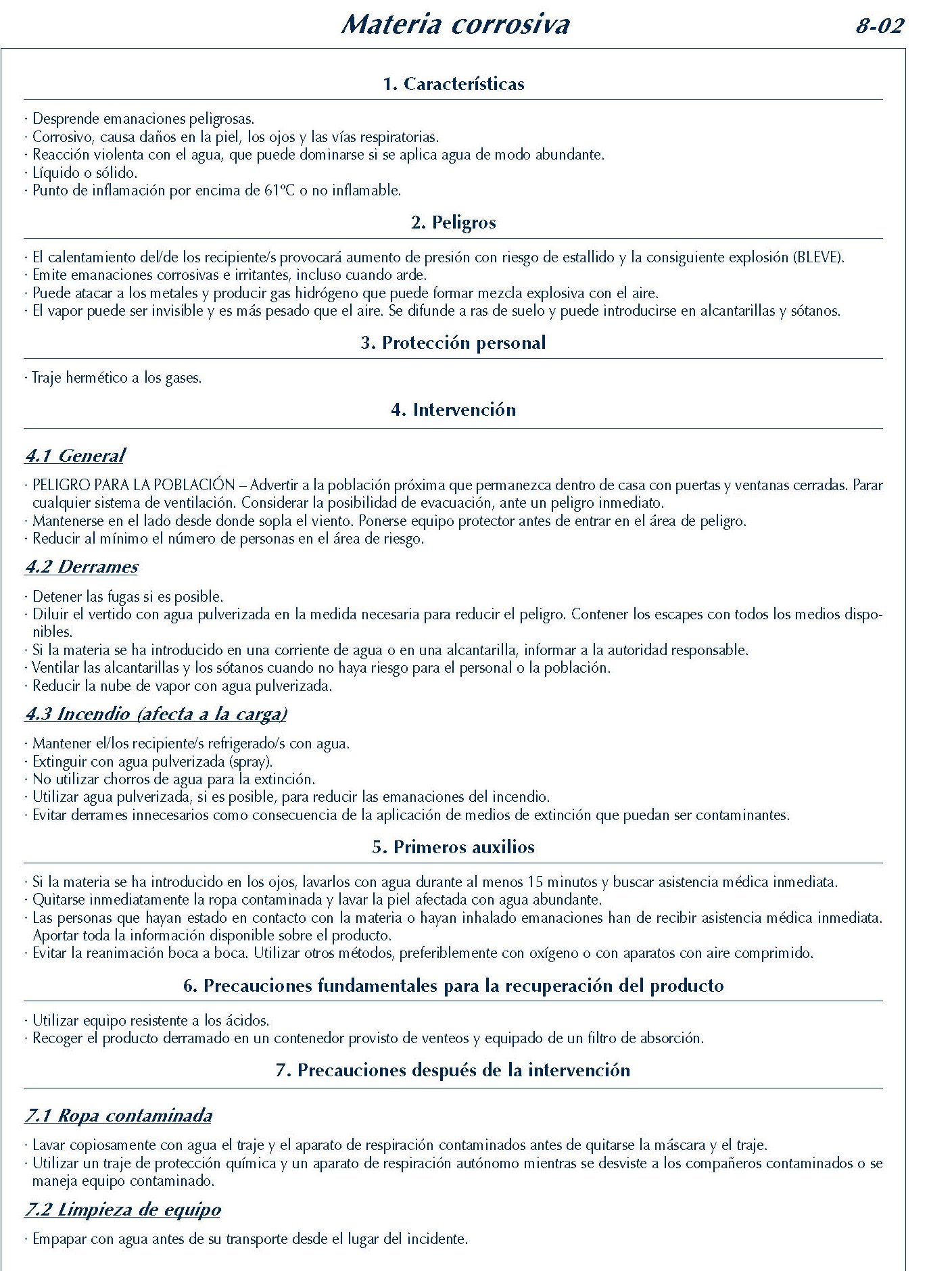 MERCANCIAS PELIGROSAS 301 FICHA 8-02 MATERIA CORROSIVA FICHAS EMERGENCIA 2004