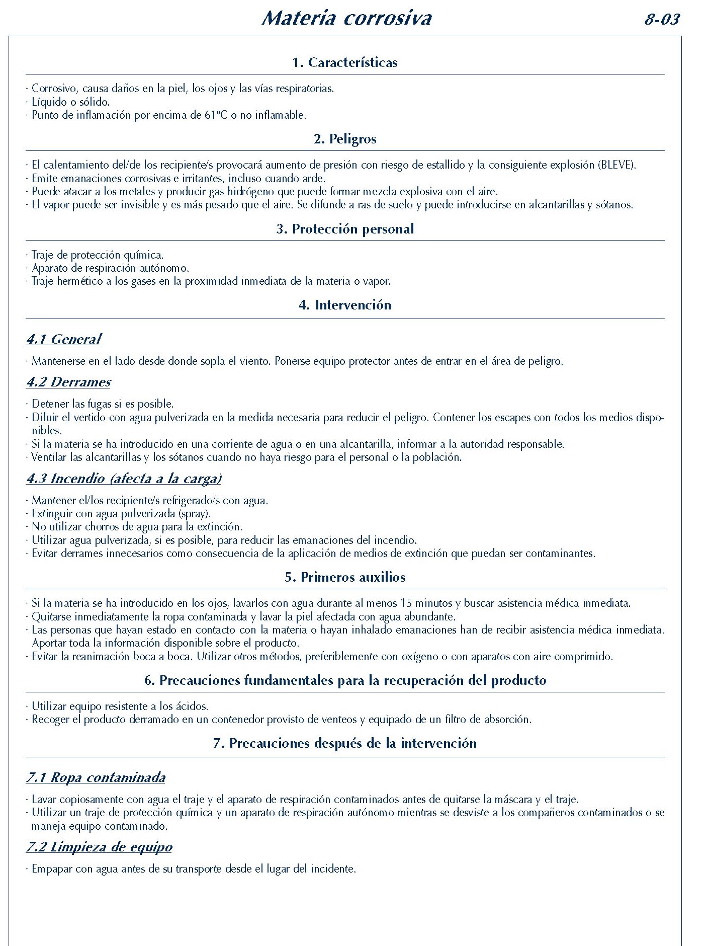 MERCANCIAS PELIGROSAS 302 FICHA 8-03 MATERIA CORROSIVA FICHAS EMERGENCIA 2004