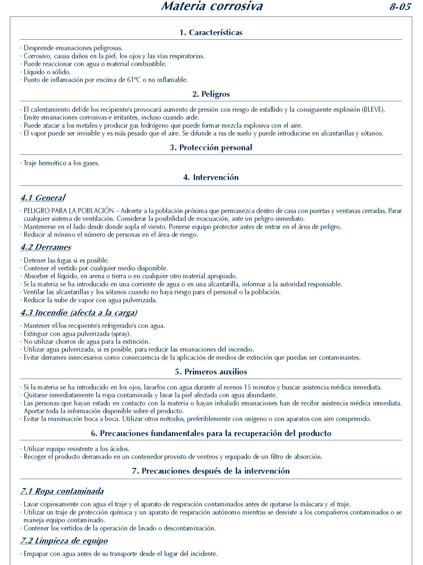 MERCANCIAS PELIGROSAS 304 FICHA 8-05 MATERIA CORROSIVA FICHAS EMERGENCIA 2004