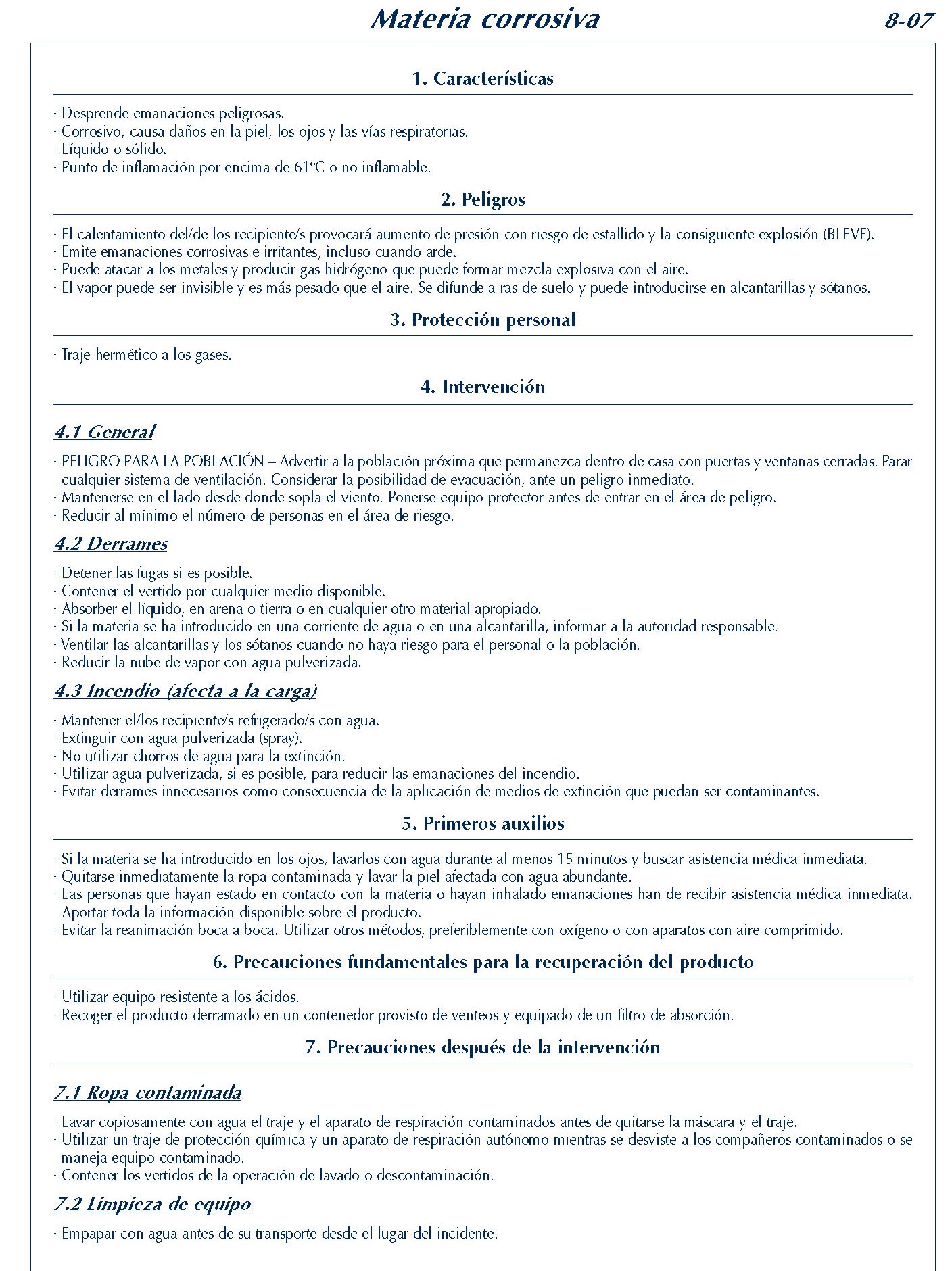 MERCANCIAS PELIGROSAS 306 FICHA 8-07 MATERIA CORROSIVA FICHAS EMERGENCIA 2004
