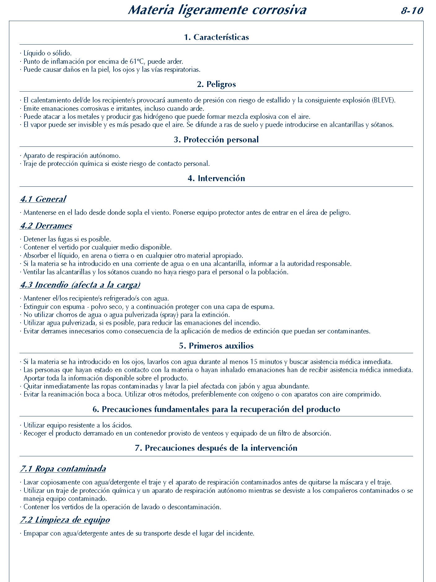 MERCANCIAS PELIGROSAS 309 FICHA 8-10 MATERIA LIGERAMENTE CORROSIVA FICHAS EMERGENCIA 2004