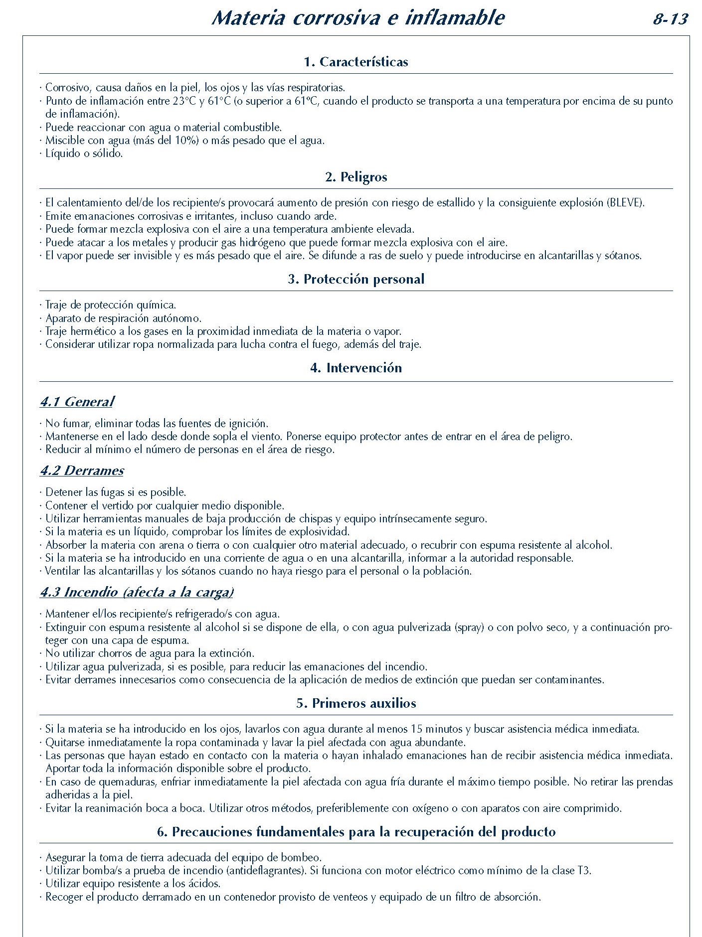 MERCANCIAS PELIGROSAS 312 FICHA 8-13 MATERIA CORROSIVA INFLAMABLE FICHAS EMERGENCIA 2004