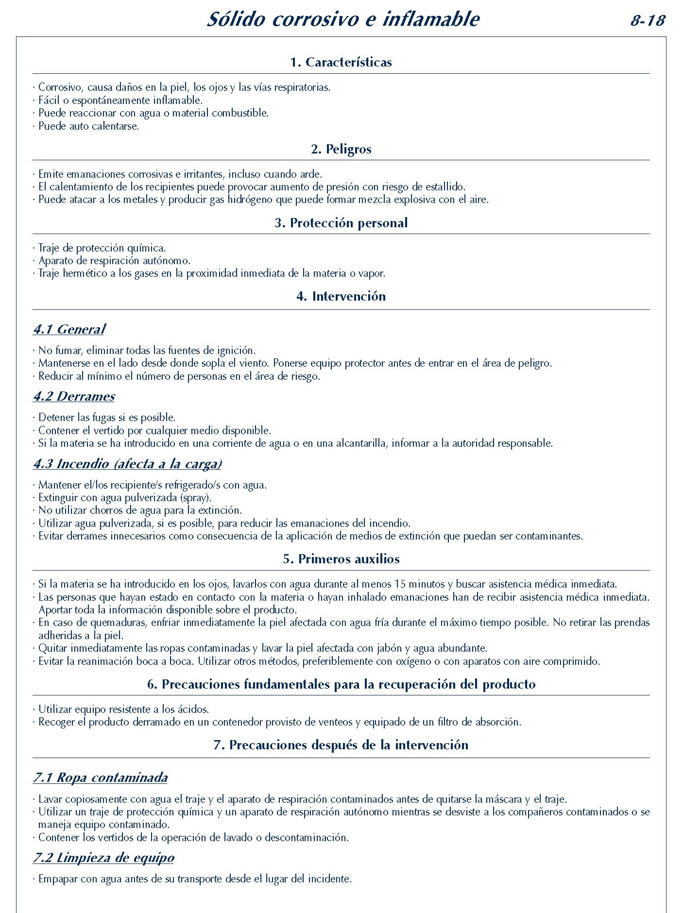 MERCANCIAS PELIGROSAS 320 FICHA 8-18 SOLIDO CORRIVO INFLAMABLE FICHAS EMERGENCIA 2004