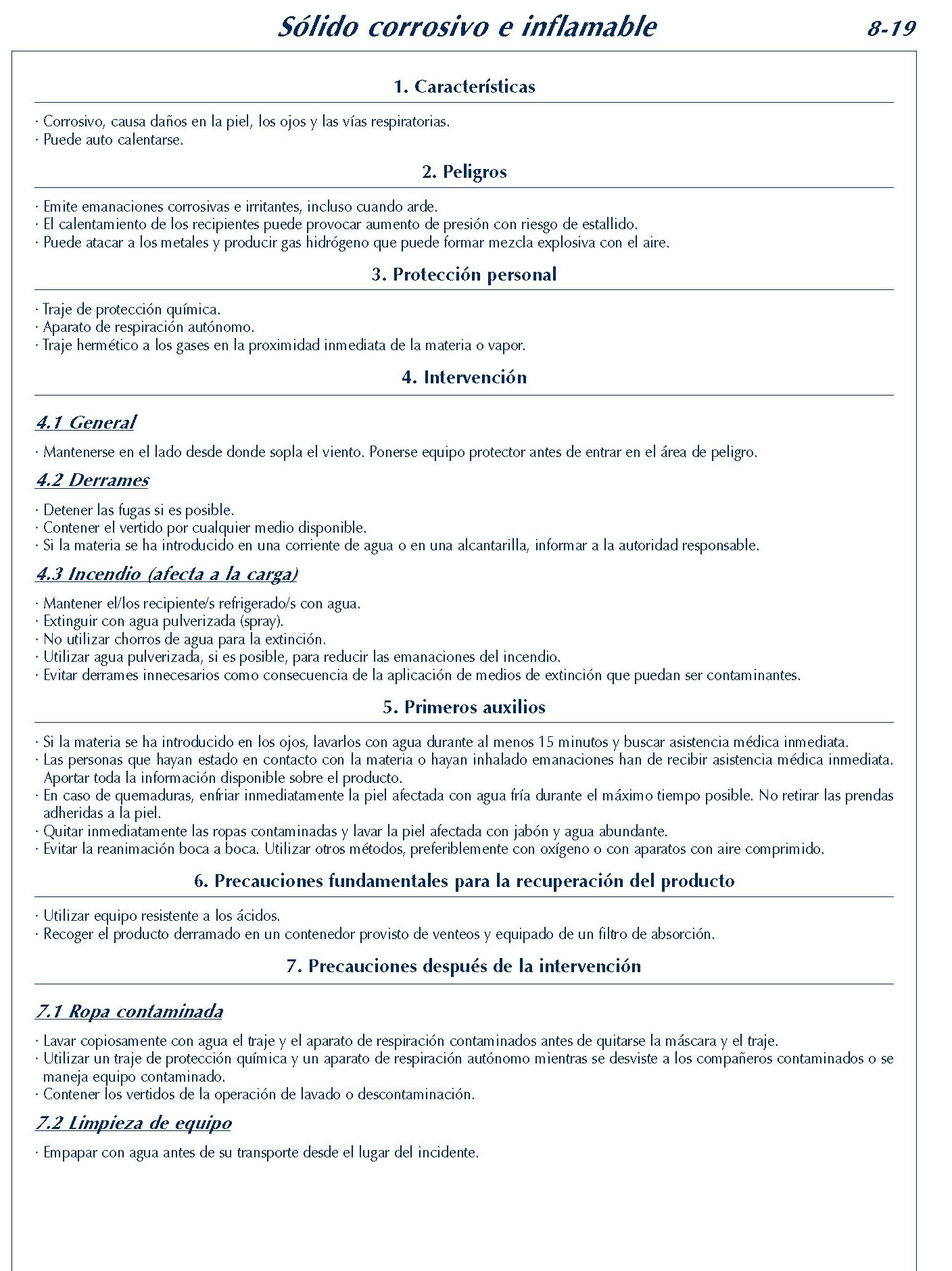 MERCANCIAS PELIGROSAS 321 FICHA 8-19 SOLIDO CORRIVO INFLAMABLE FICHAS EMERGENCIA 2004