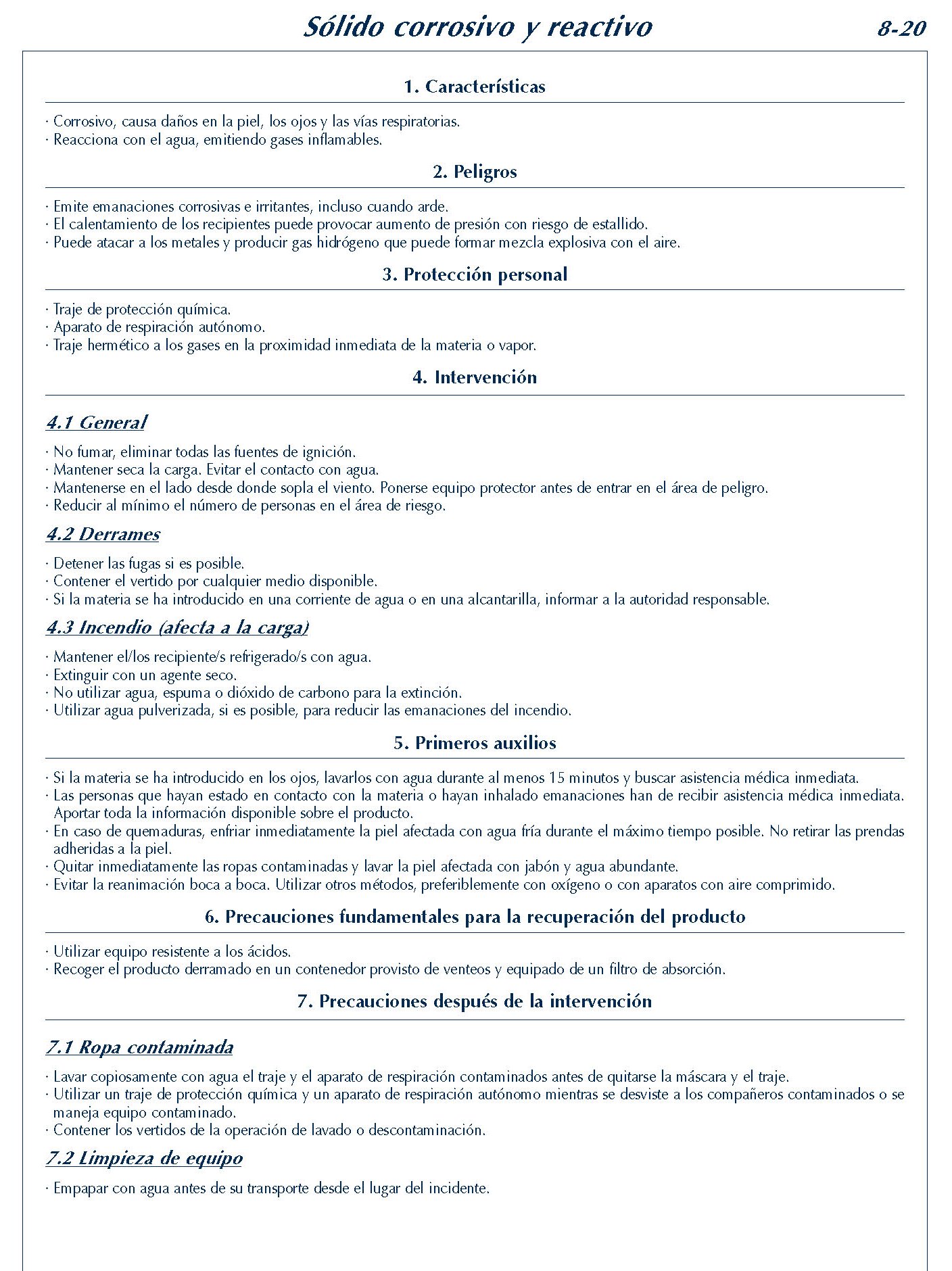 MERCANCIAS PELIGROSAS 322 FICHA 8-19 SOLIDO CORRIVO REACTIVO FICHAS EMERGENCIA 2004