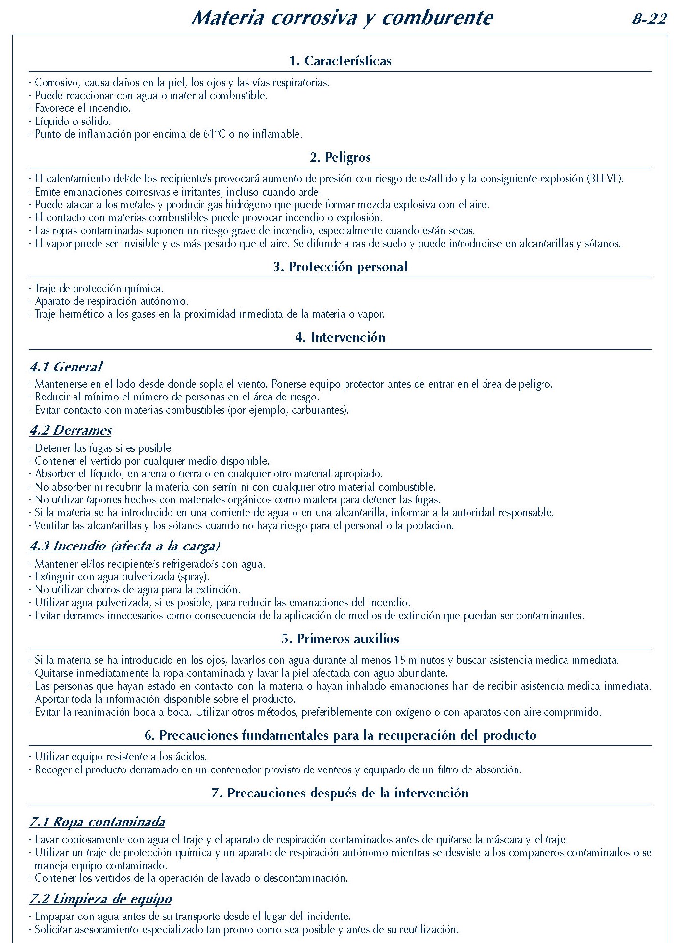 MERCANCIAS PELIGROSAS 324 FICHA 8-22 MATERIA CORROSIVA COMBURENTE FICHAS EMERGENCIA 2004