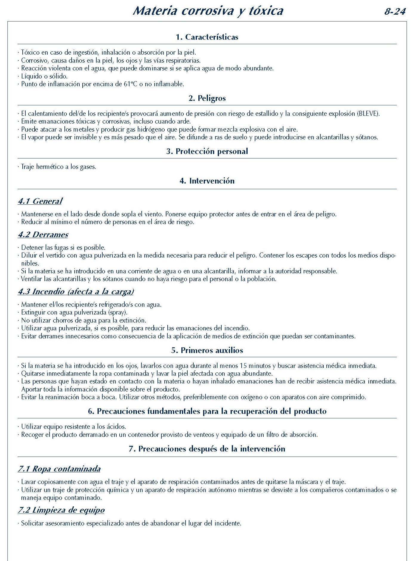 MERCANCIAS PELIGROSAS 326 FICHA 8-24 MATERIA CORROSIVA TOXICA FICHAS EMERGENCIA 2004