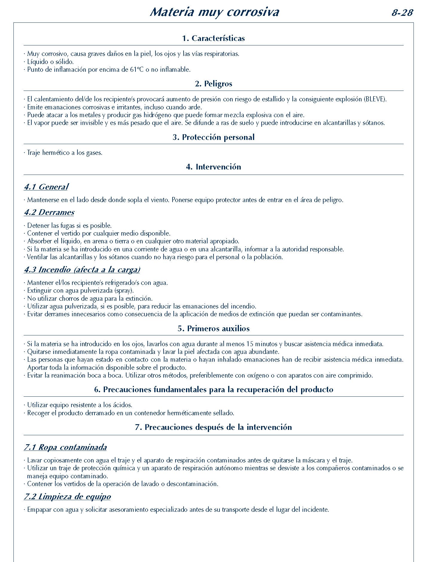 MERCANCIAS PELIGROSAS 328 FICHA 8-28 MATERIA MUY CORROSIVA FICHAS EMERGENCIA 2004