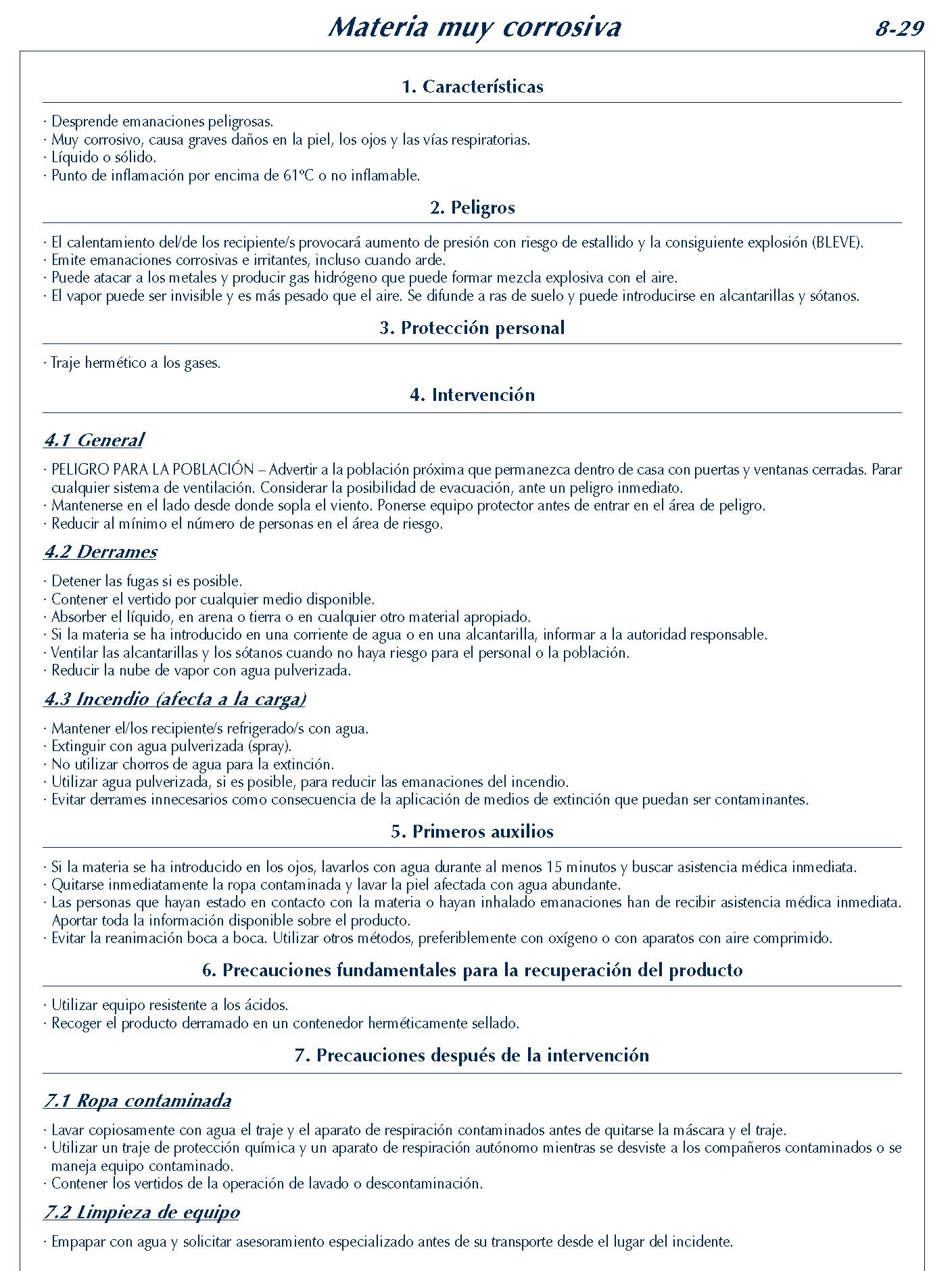 MERCANCIAS PELIGROSAS 329 FICHA 8-29 MATERIA MUY CORROSIVA FICHAS EMERGENCIA 2004