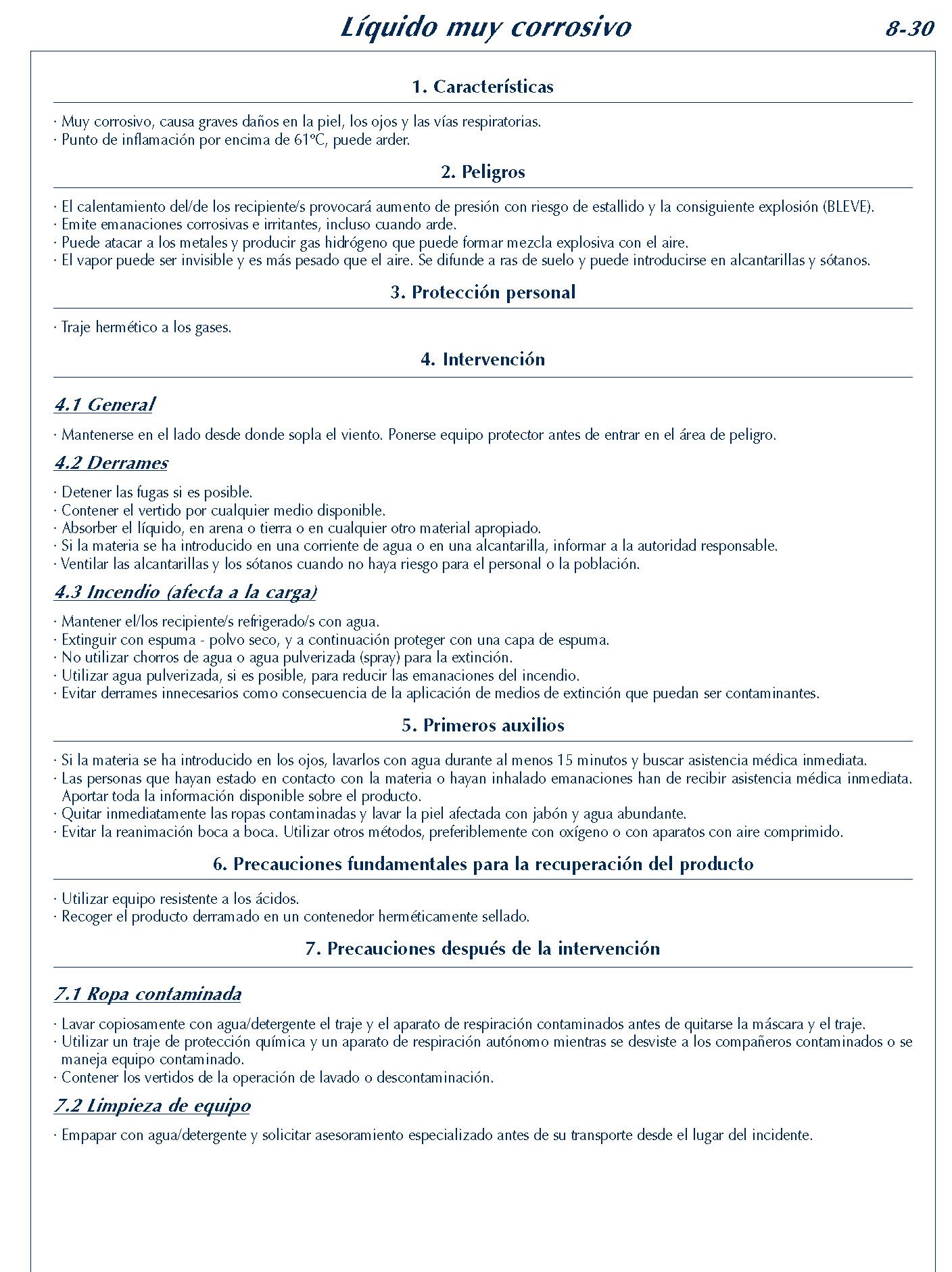 MERCANCIAS PELIGROSAS 330 FICHA 8-30 LIQUIDO MUY CORROSIVO FICHAS EMERGENCIA 2004