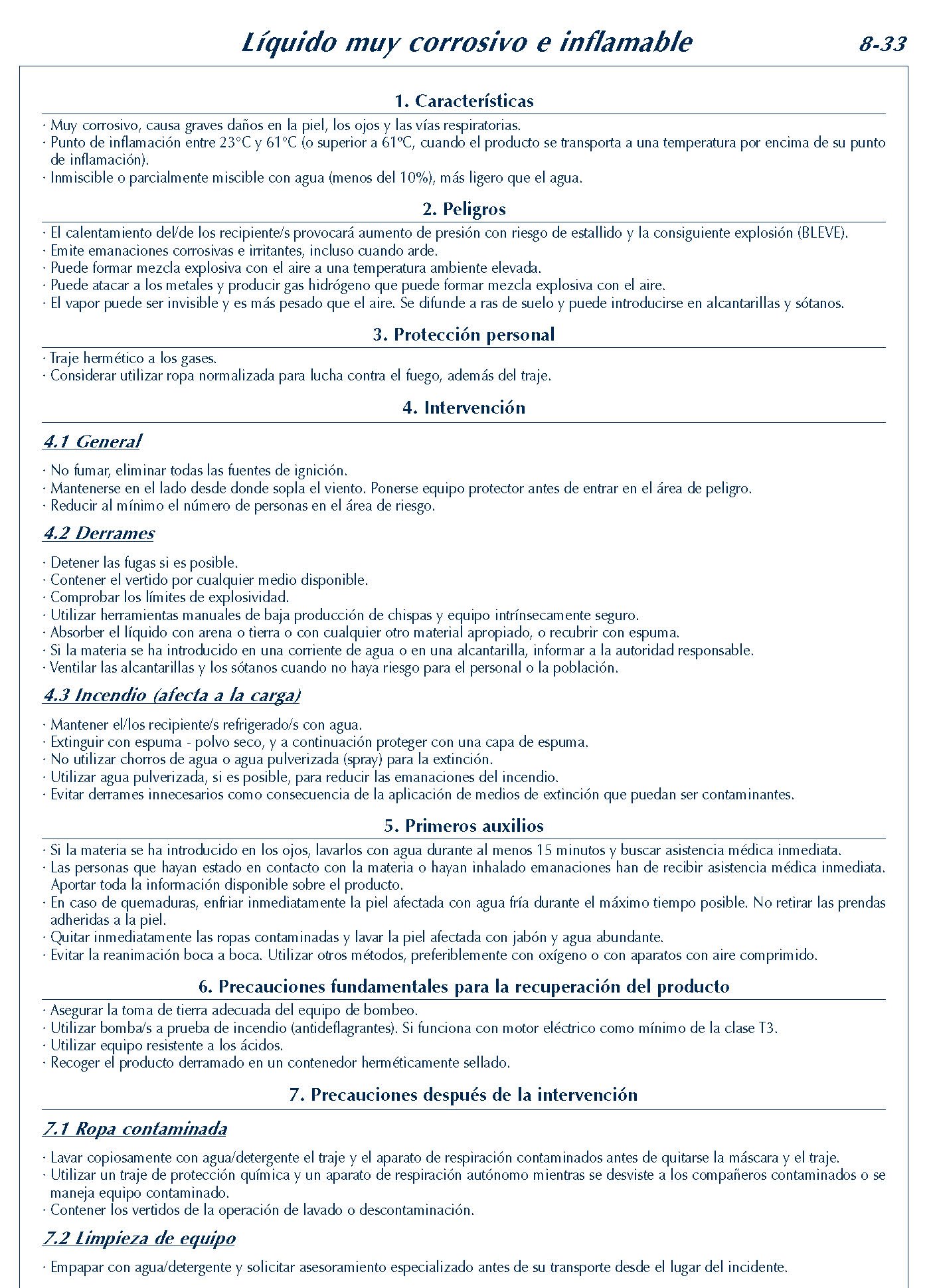 MERCANCIAS PELIGROSAS 333 FICHA 8-33 LIQUIDO MUY CORROSIVO INFLAMABLE FICHAS EMERGENCIA 2004