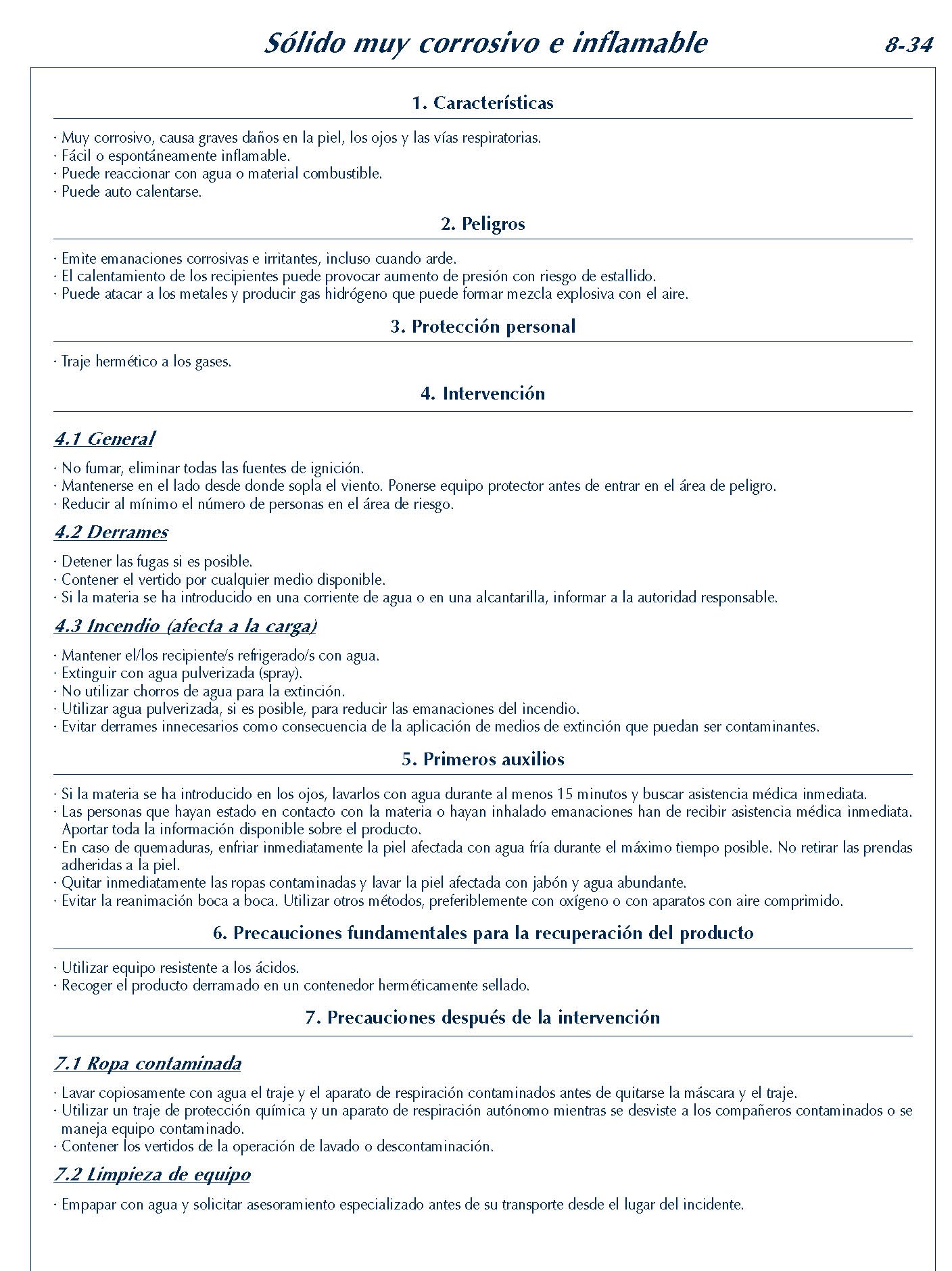 MERCANCIAS PELIGROSAS 334 FICHA 8-34 SOLIDO MUY CORROSIVO INFLAMABLE FICHAS EMERGENCIA 2004