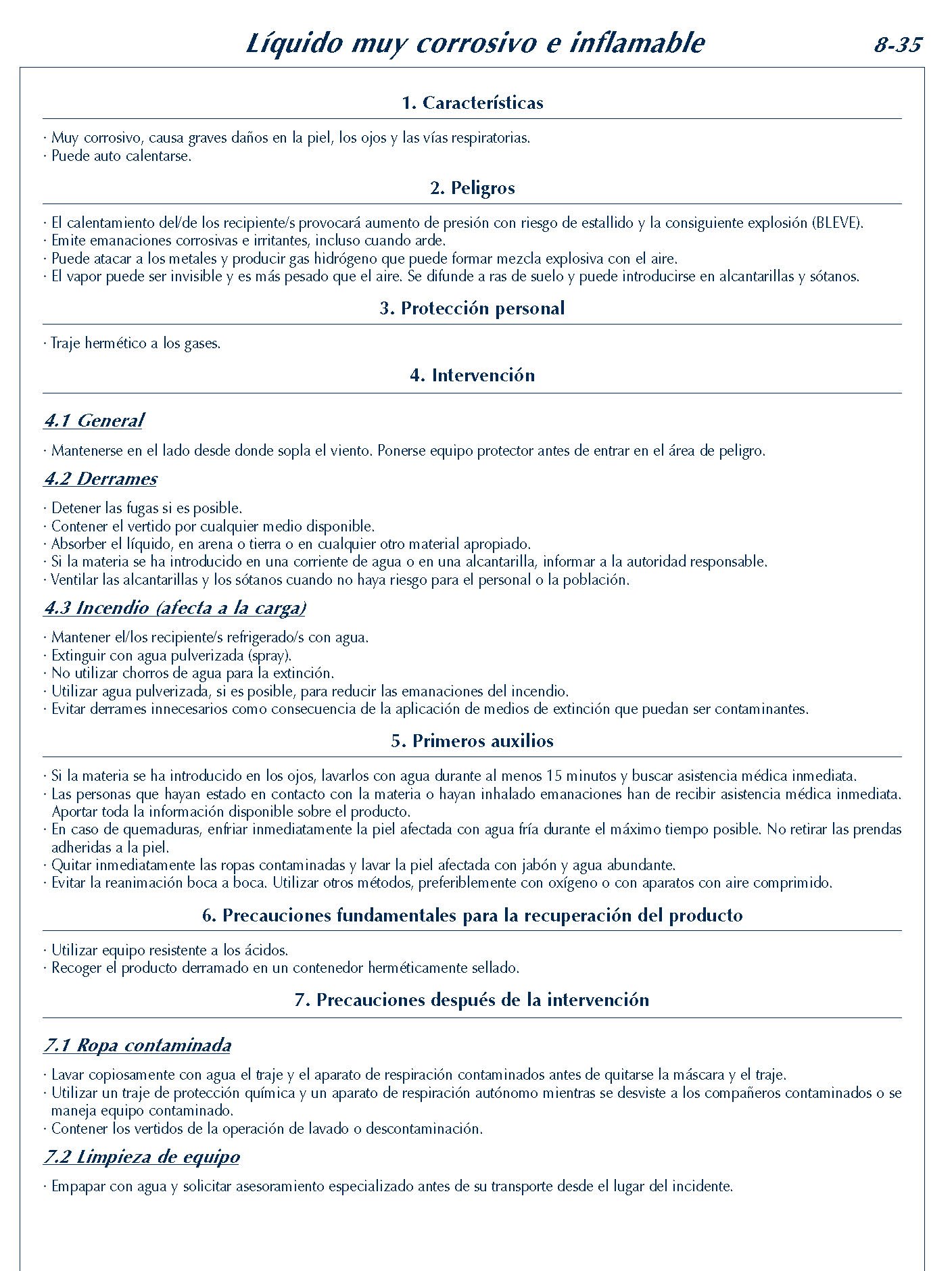 MERCANCIAS PELIGROSAS 335 FICHA 8-35 SOLIDO MUY CORROSIVO INFLAMABLE FICHAS EMERGENCIA 2004