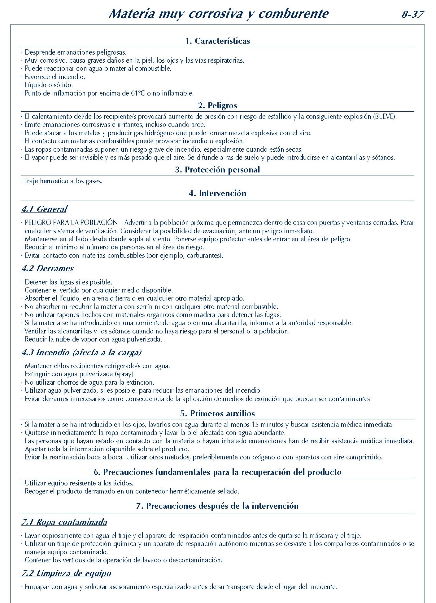 MERCANCIAS PELIGROSAS 337 FICHA 8-37 MATERIA MUY CORROSIVA COMBURENTE FICHAS EMERGENCIA 2004