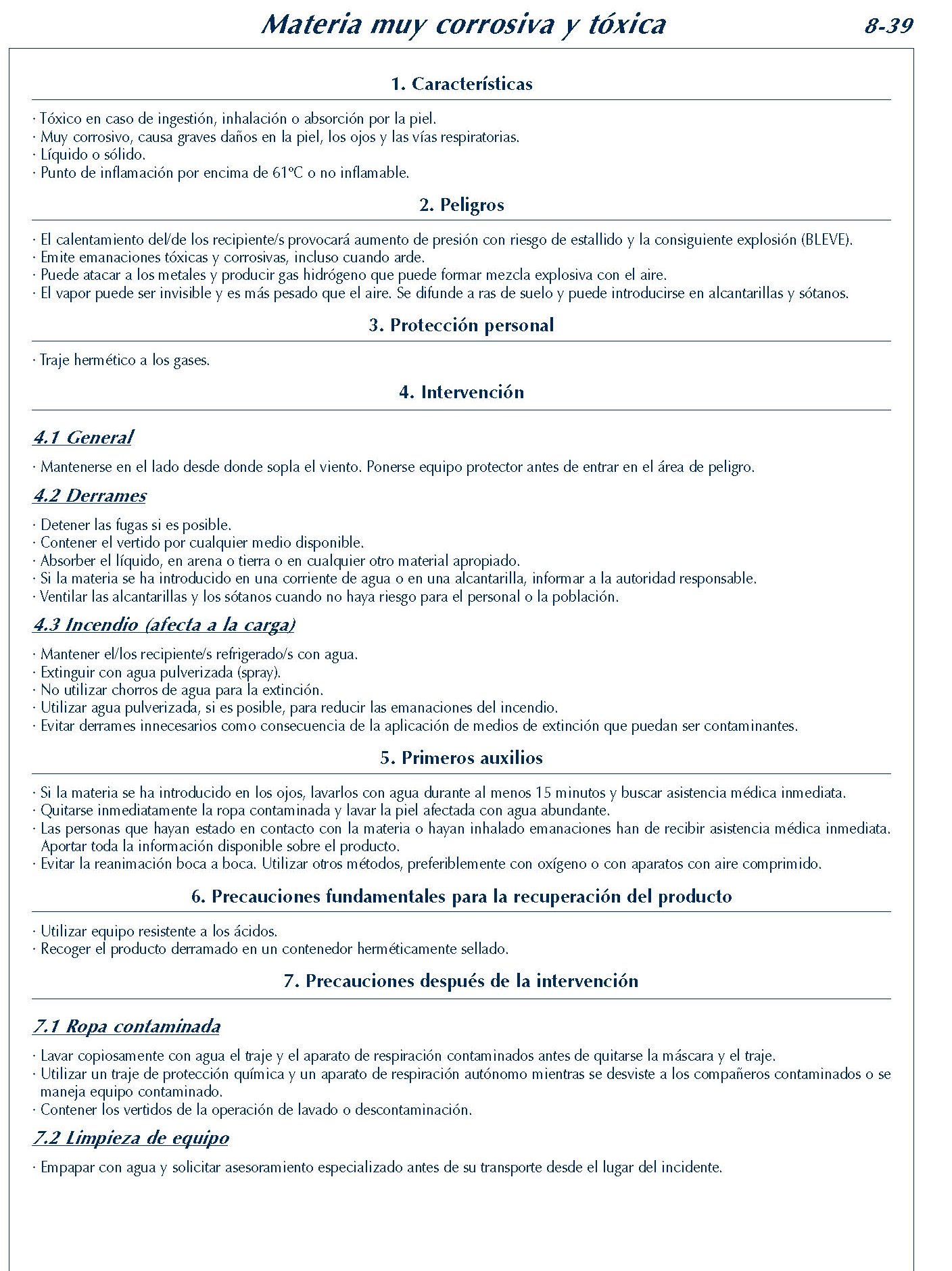 MERCANCIAS PELIGROSAS 339 FICHA 8-39 MATERIA MUY CORROSIVA TOXICA FICHAS EMERGENCIA 2004