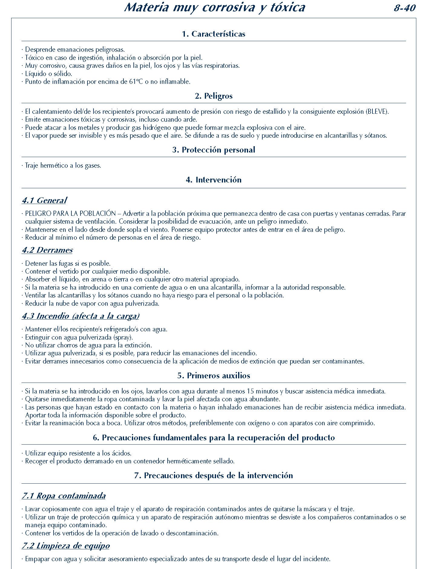 MERCANCIAS PELIGROSAS 340 FICHA 8-40 MATERIA MUY CORROSIVA TOXICA FICHAS EMERGENCIA 2004