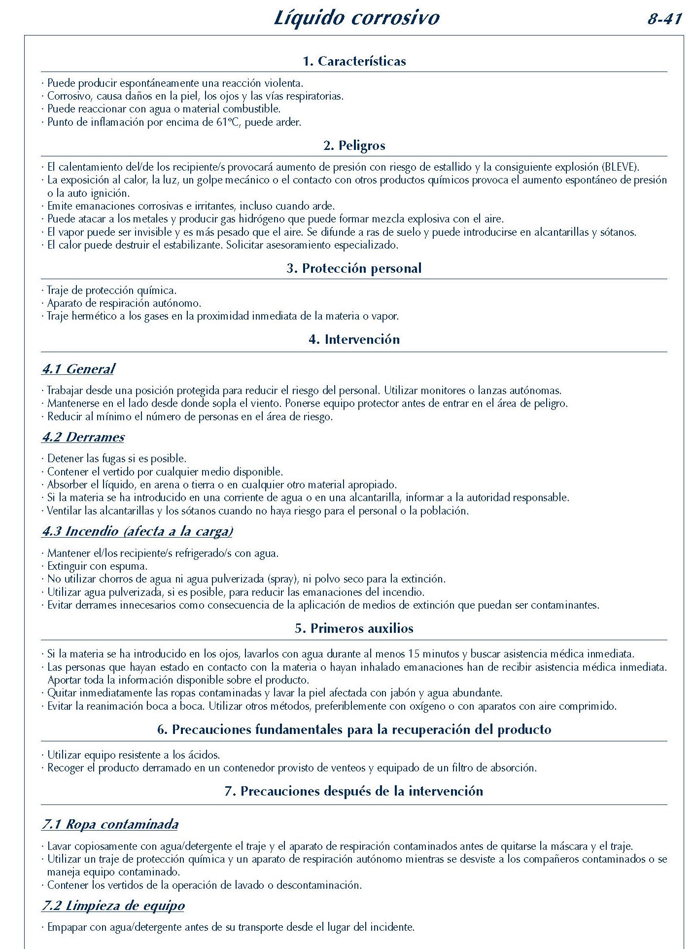 MERCANCIAS PELIGROSAS 341 FICHA 8-41 LIQUIDO CORROSIVO FICHAS EMERGENCIA 2004