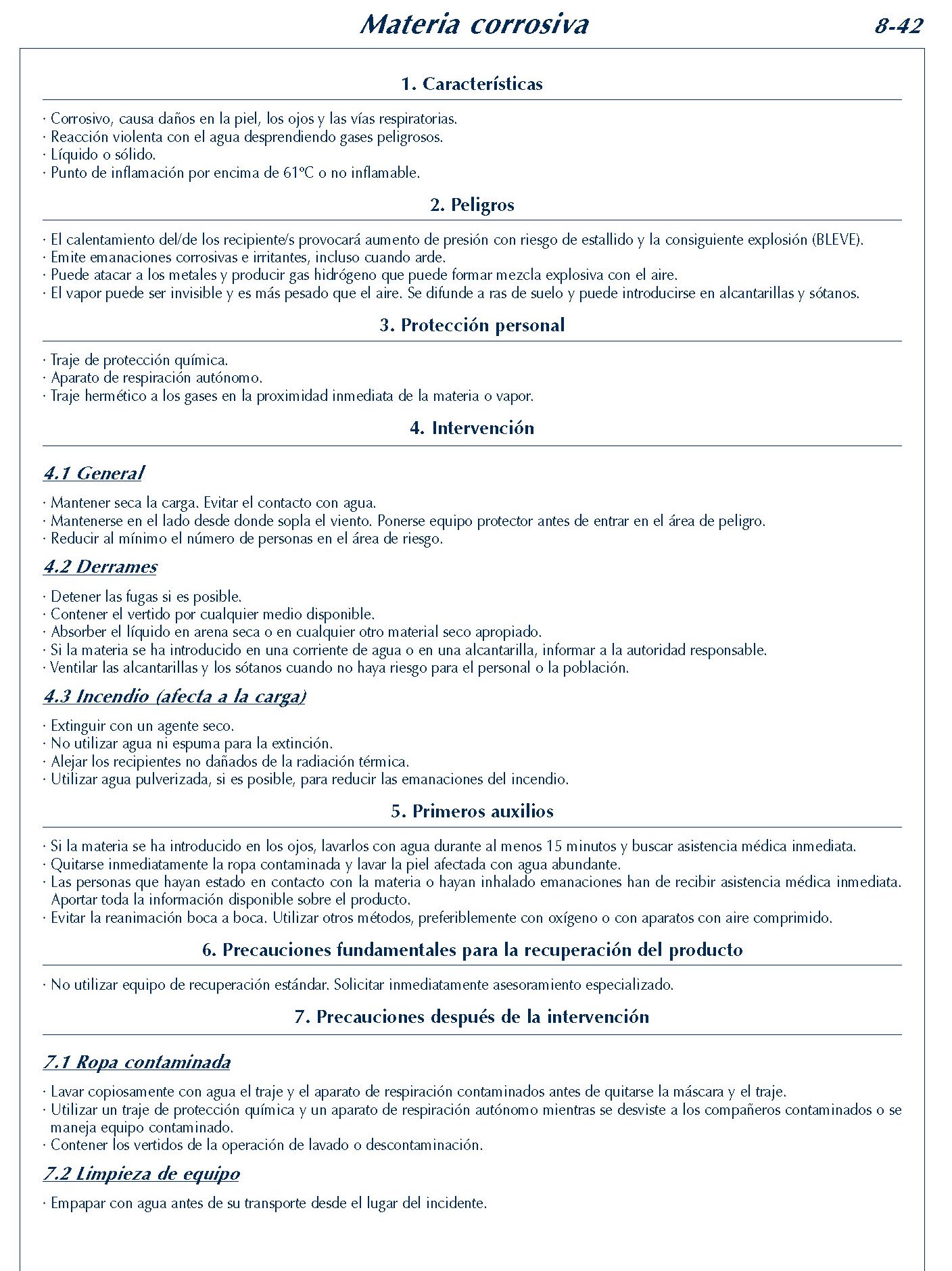 MERCANCIAS PELIGROSAS 342 FICHA 8-42 MATERIA CORROSIVA FICHAS EMERGENCIA 2004