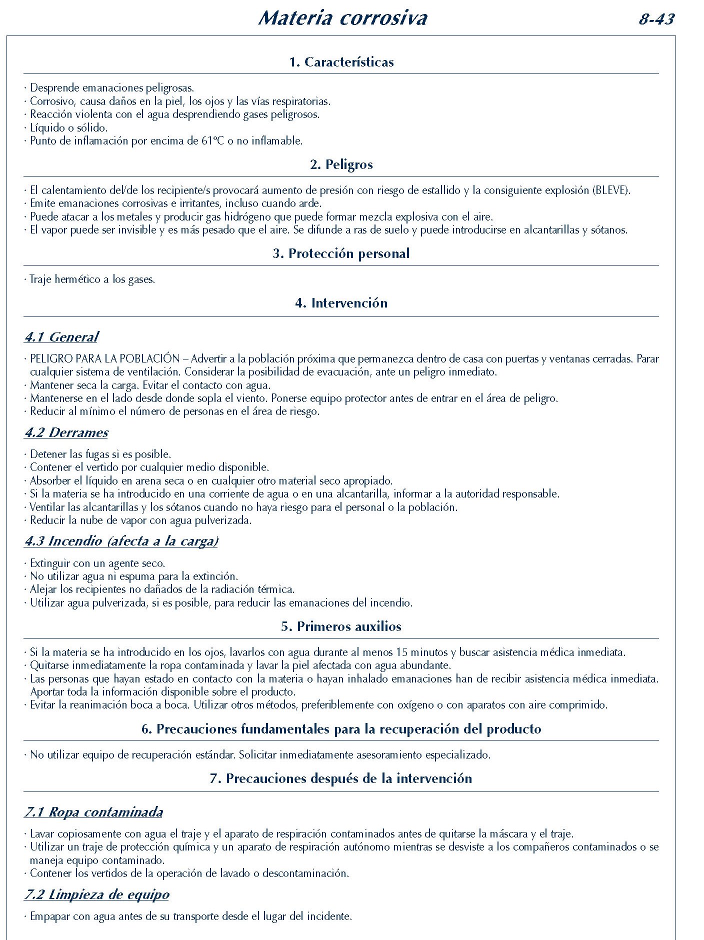 MERCANCIAS PELIGROSAS 343 FICHA 8-43 MATERIA CORROSIVA FICHAS EMERGENCIA 2004
