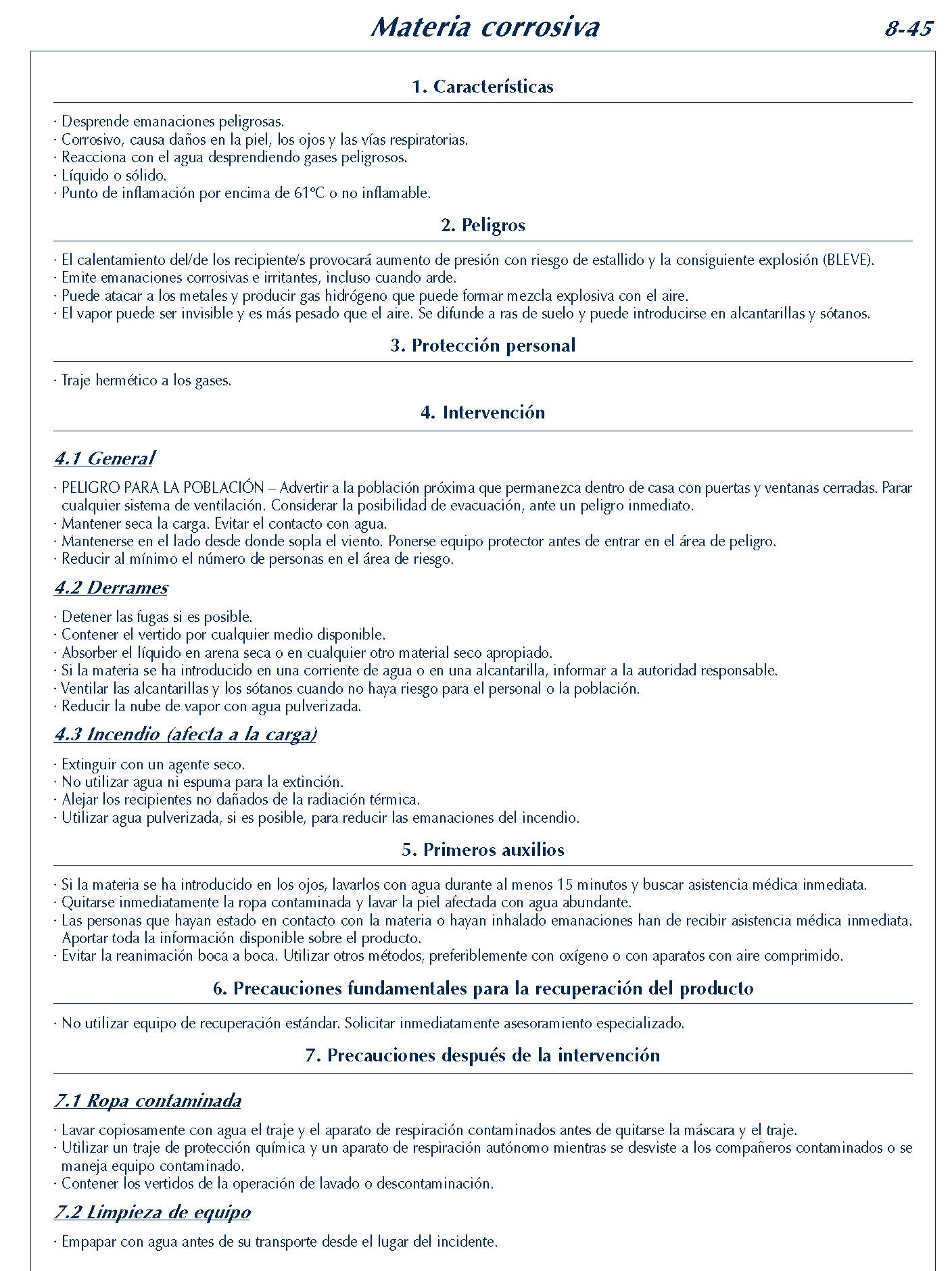 MERCANCIAS PELIGROSAS 344 FICHA 8-44 MATERIA CORROSIVA FICHAS EMERGENCIA 2004