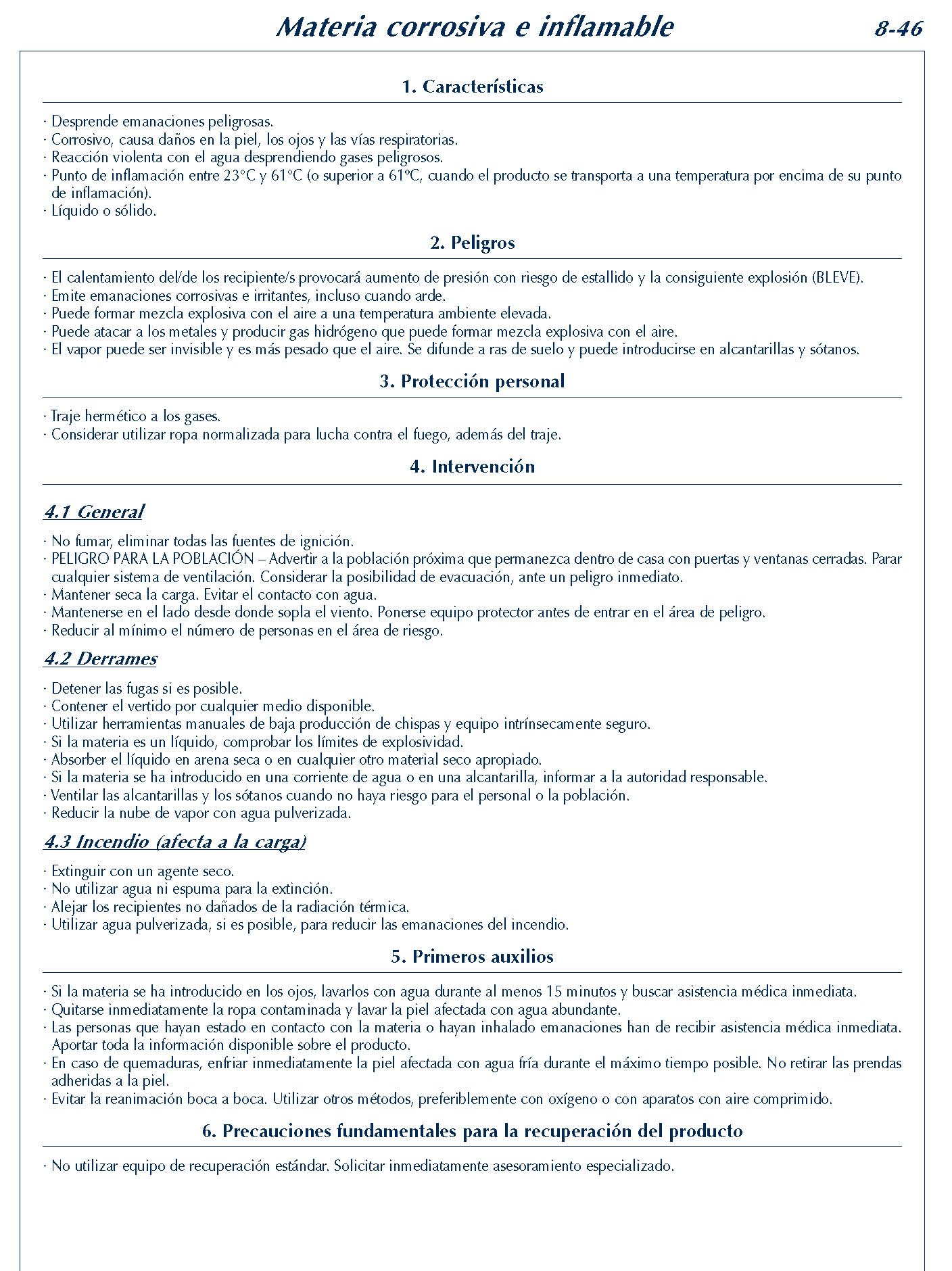 MERCANCIAS PELIGROSAS 345 FICHA 8-46 MATERIA CORROSIVA INFLAMABLE FICHAS EMERGENCIA 2004