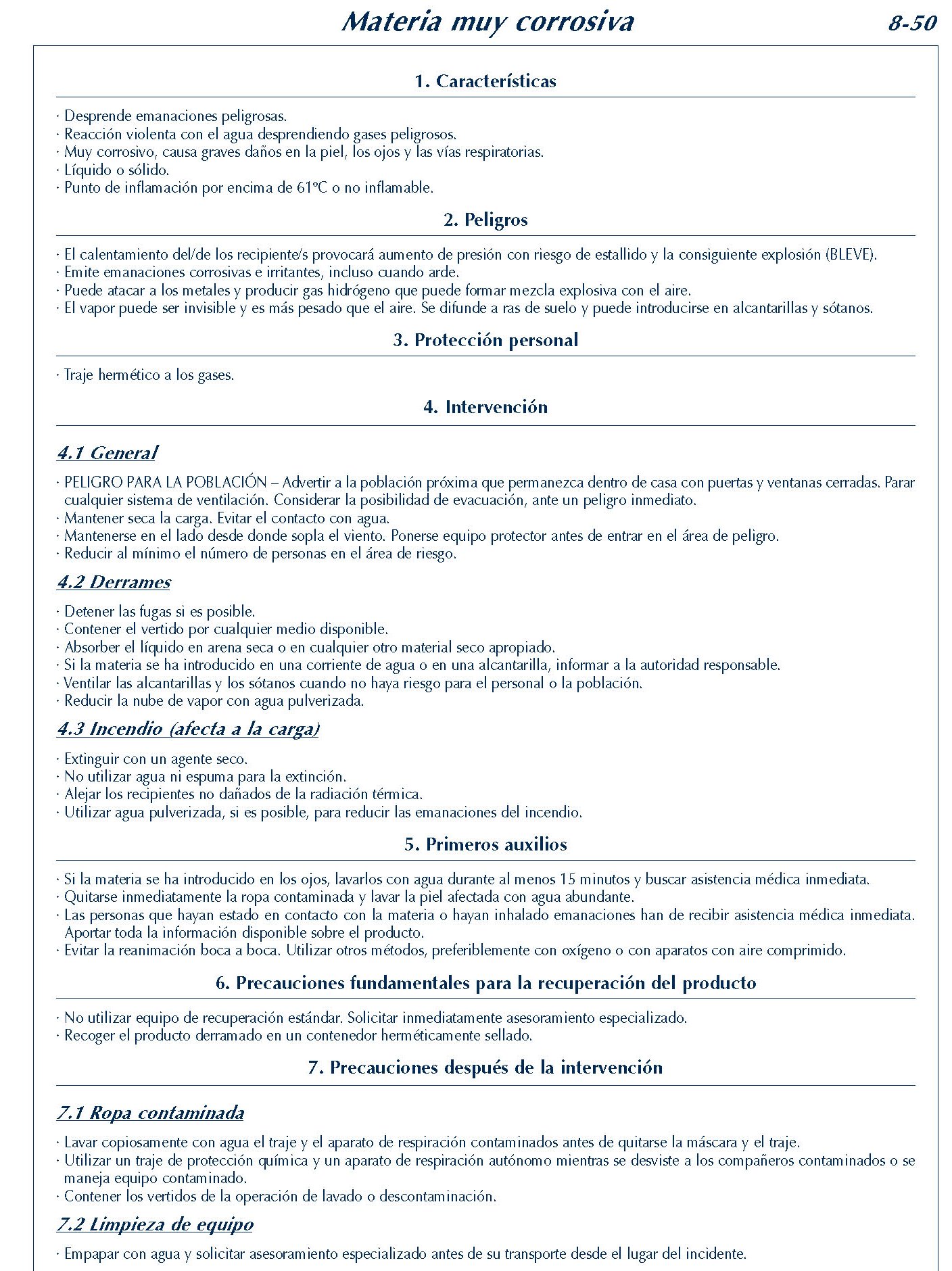 MERCANCIAS PELIGROSAS 350 FICHA 8-50 MATERIA MUY CORROSIVA FICHAS EMERGENCIA 2004