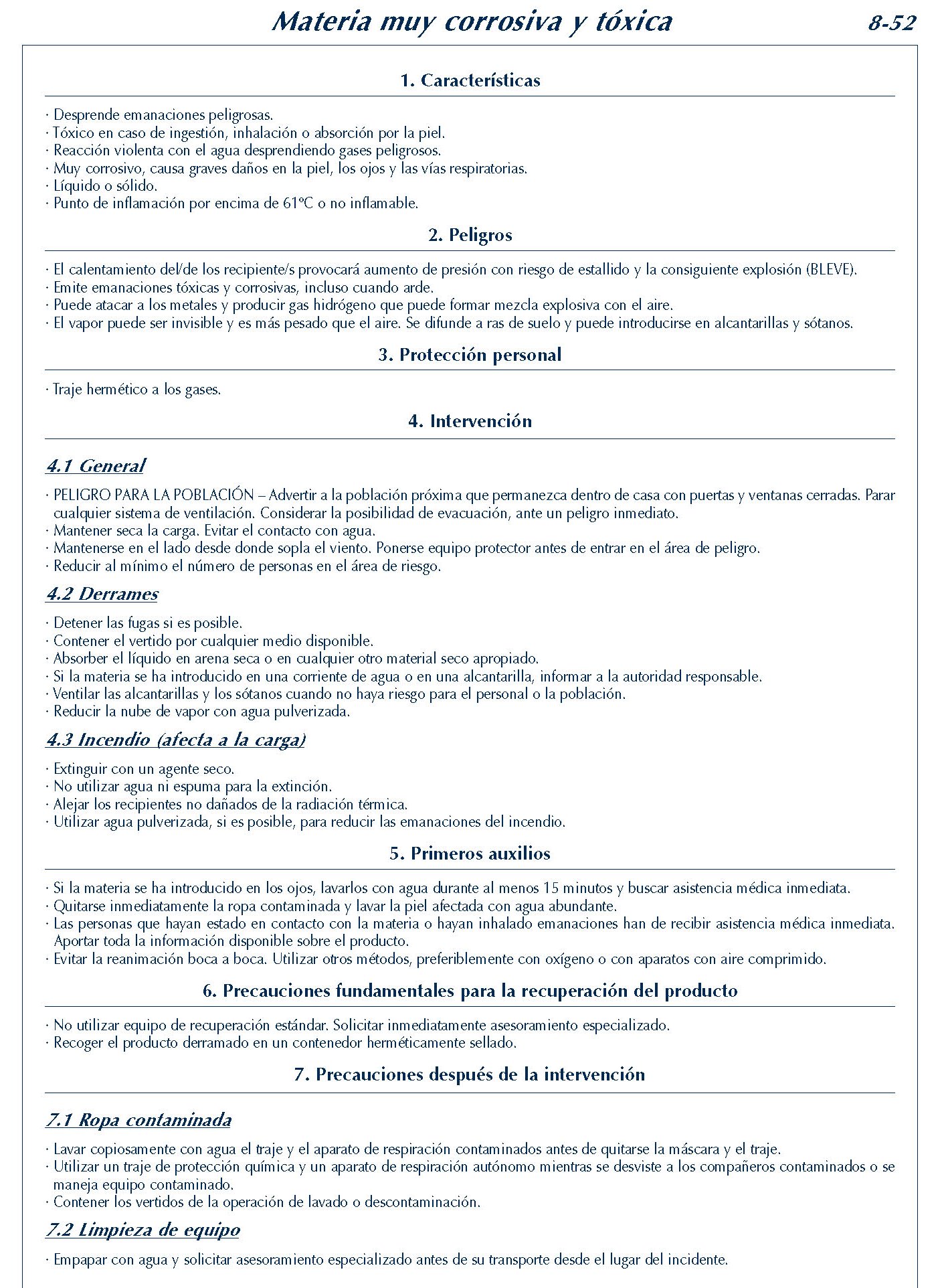 MERCANCIAS PELIGROSAS 351 FICHA 8-52 MATERIA MUY CORROSIVA FICHAS EMERGENCIA 2004