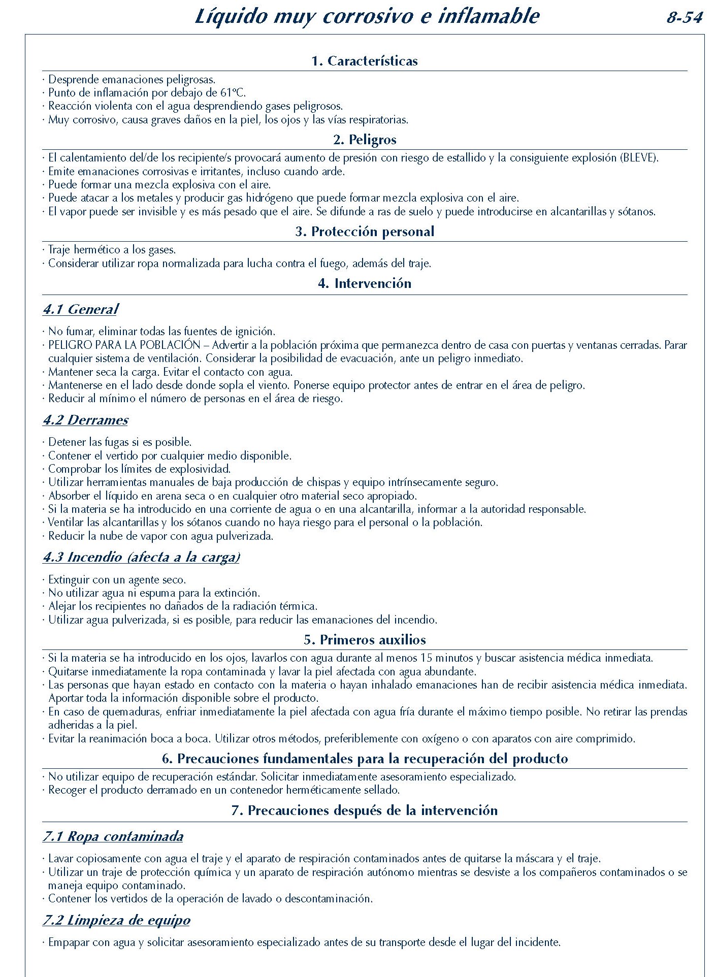 MERCANCIAS PELIGROSAS 352 FICHA 8-54 LIQUIDO MUY CORROSIVO INFLAMABLE FICHAS EMERGENCIA 2004