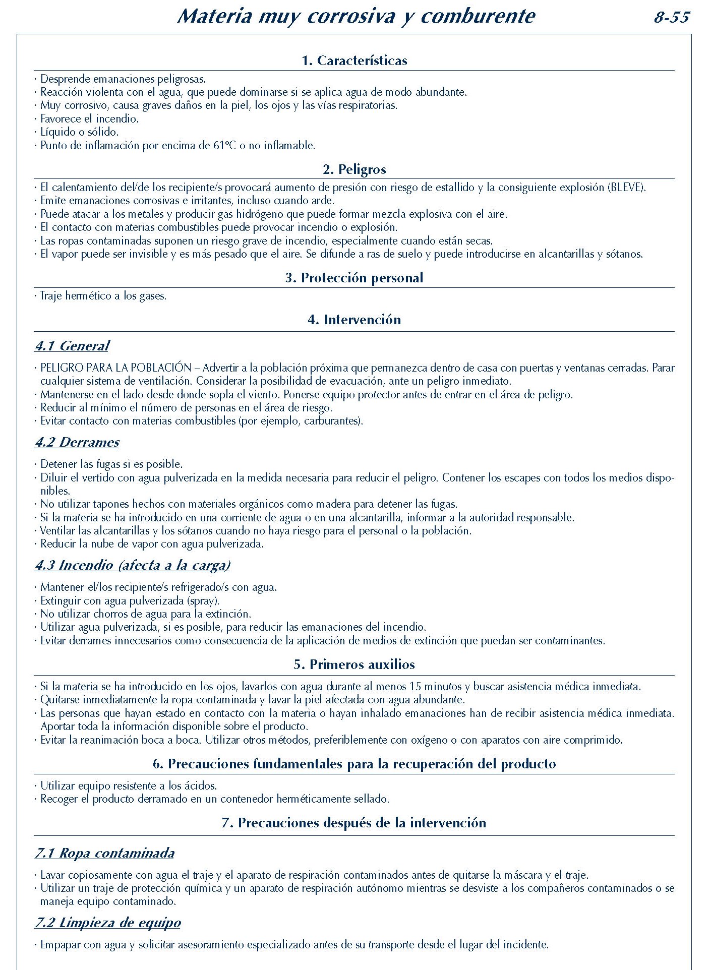 MERCANCIAS PELIGROSAS 353 FICHA 8-55 MATERIA MUY CORROSIVA COMBURENTE FICHAS EMERGENCIA 2004