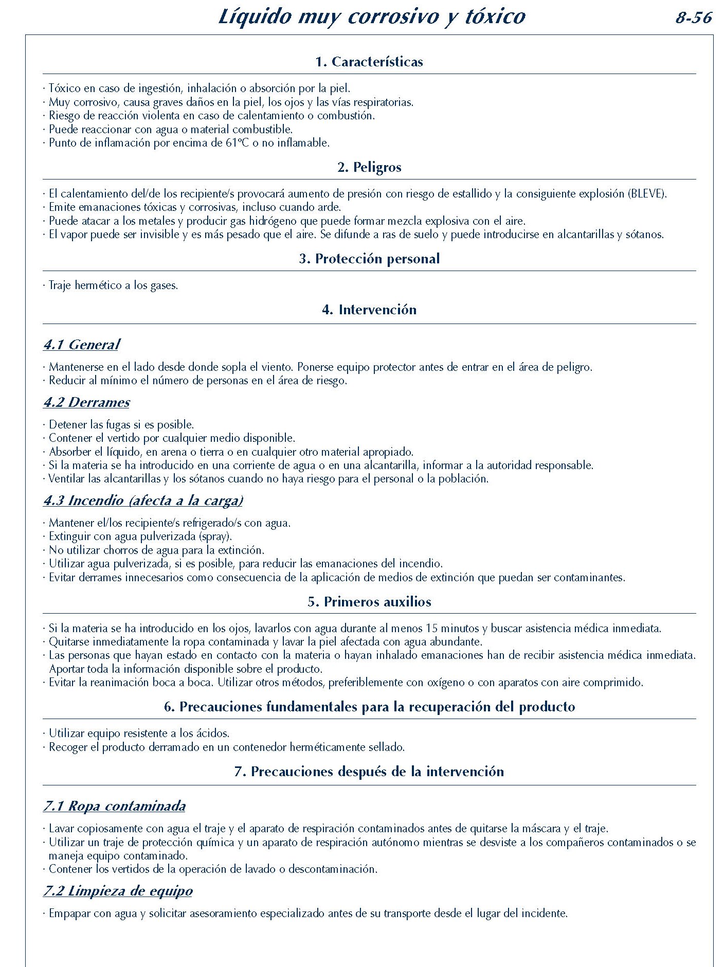 MERCANCIAS PELIGROSAS 354 FICHA 8-56 LIQUIDO MUY CORROSIVO TOXICO FICHAS EMERGENCIA 2004