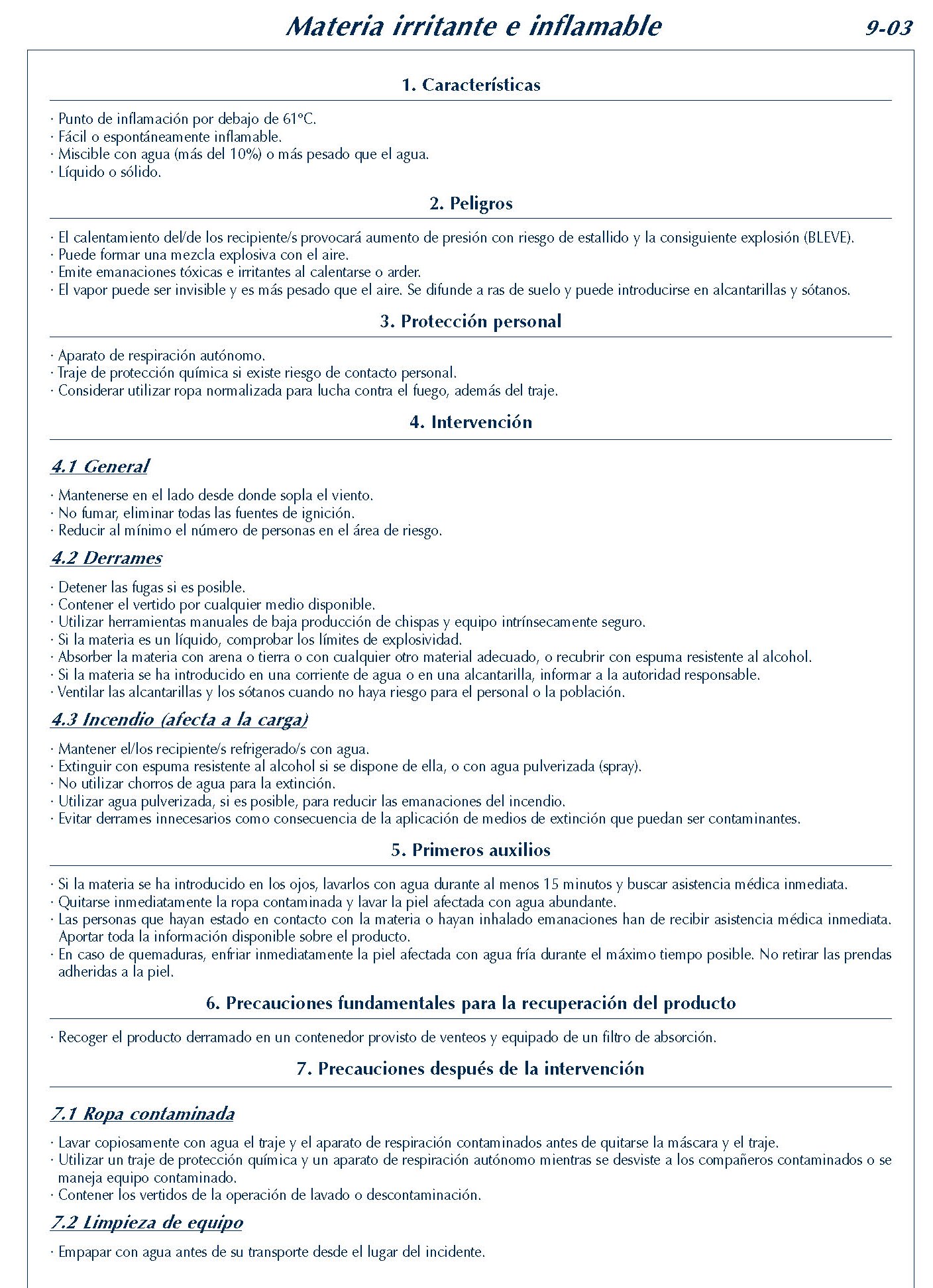 MERCANCIAS PELIGROSAS 357 FICHA 9-03 MATERIA IRRITANTE INFLAMABLE FICHAS EMERGENCIA 2004