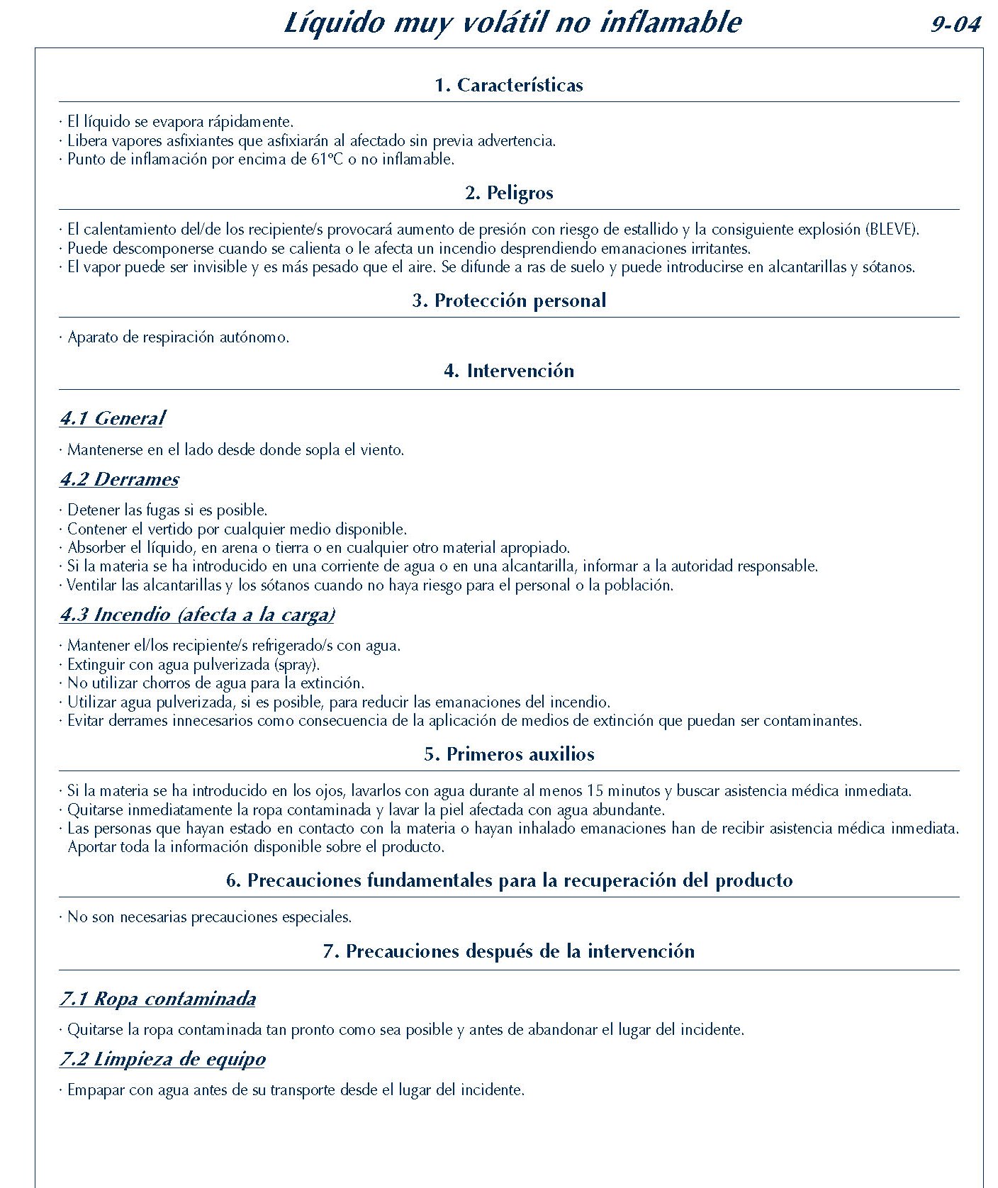 MERCANCIAS PELIGROSAS 358 FICHA 9-04 LIQUIDO MUY VOLATIL NO INFLAMABLE FICHAS EMERGENCIA 2004